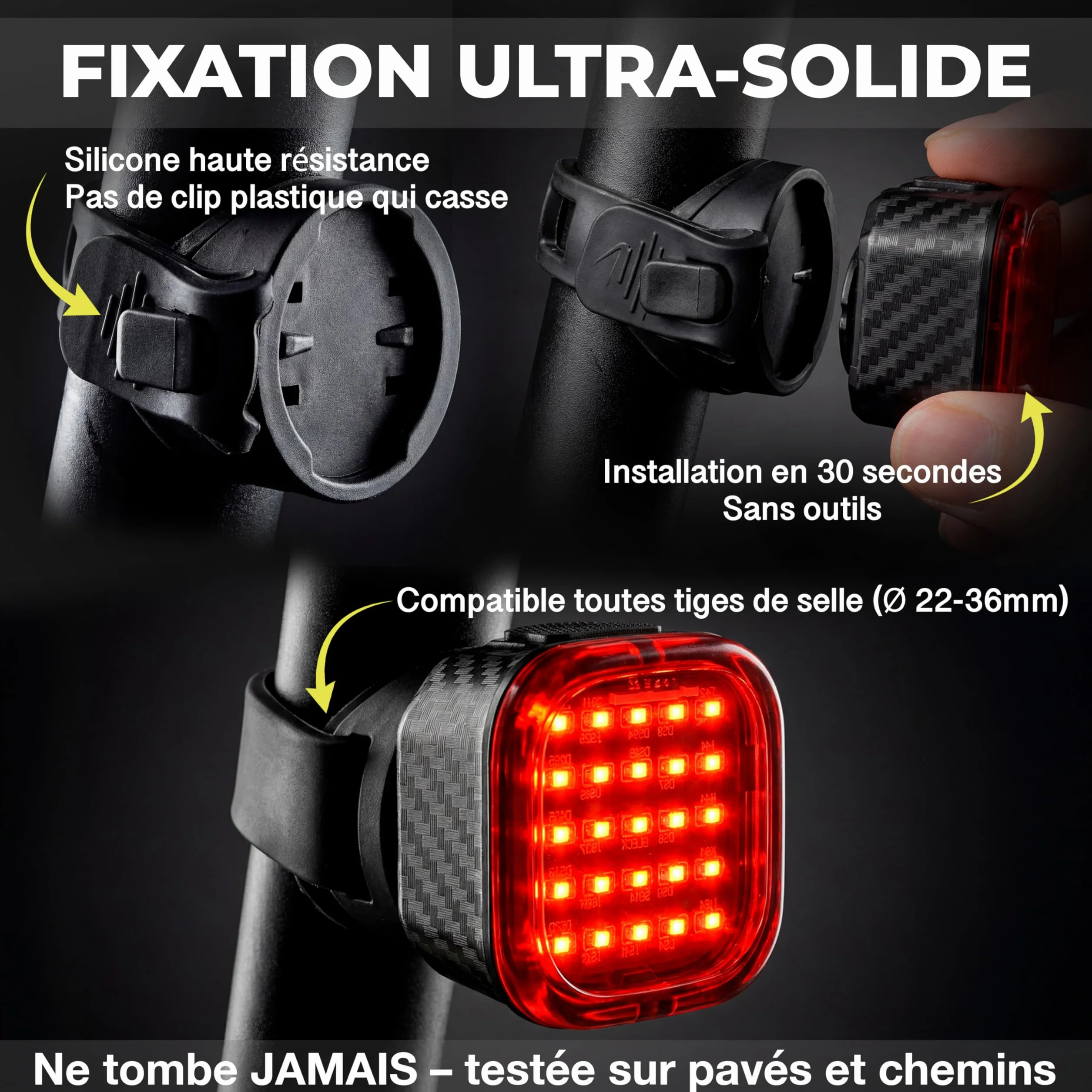 Feu Arrière Vélo LED Clignotant 60 Lumens - Fixation Ultra-Solide Anti-Vibration - IPX6 Étanche - USB-C Rechargeable - Allumage Automatique - Système Compatible Garmin - Vonkra T60