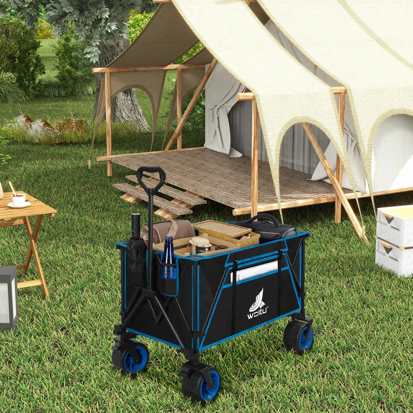 WOLTU Chariot de Jardin Pliable 120kg Tissu Oxford Acier Noir Bleu