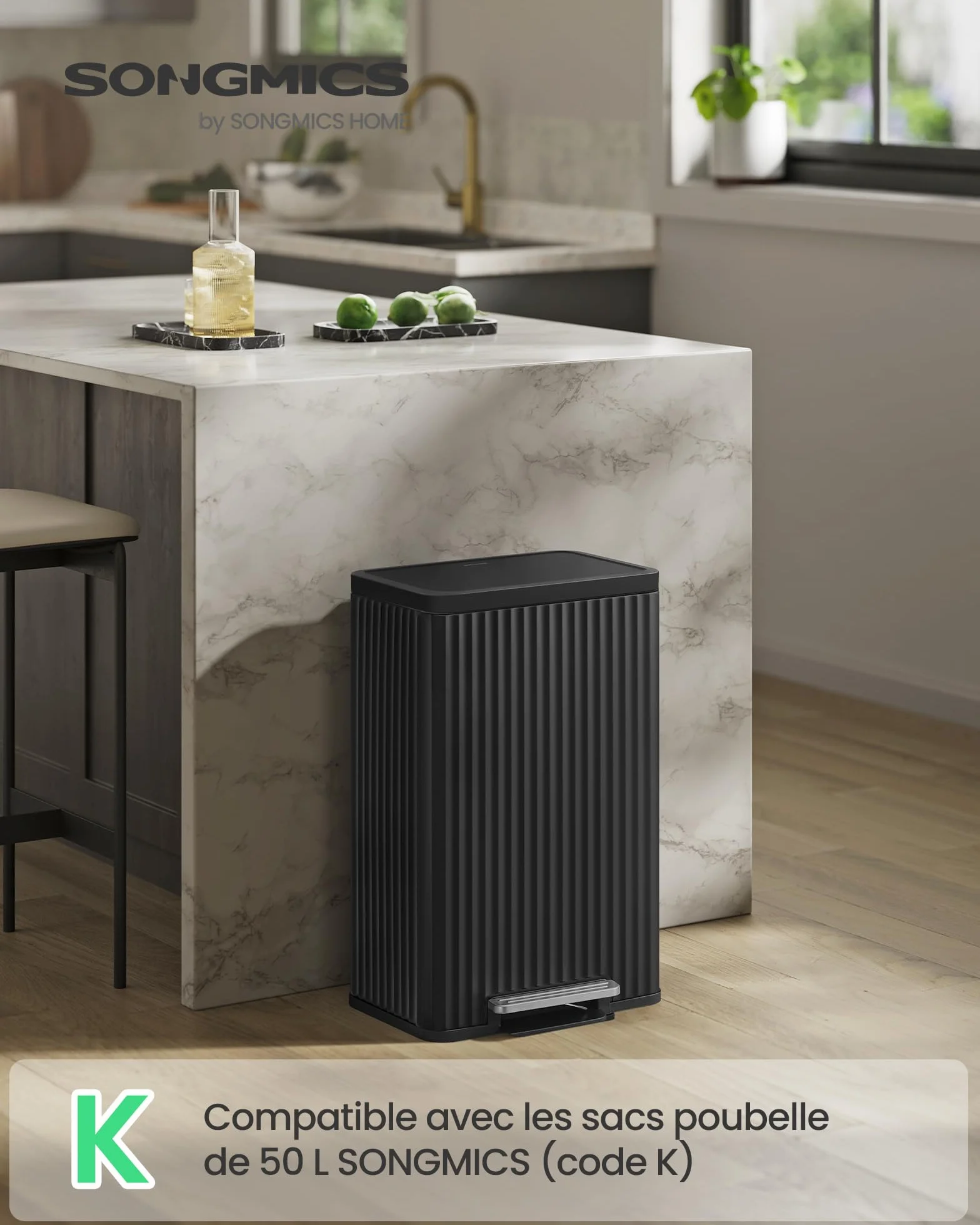 SONGMICS Poubelle de Cuisine 50 L Acier Pédale Couvercle Fermeture Douce Noir d’Encre LTB586BZ02