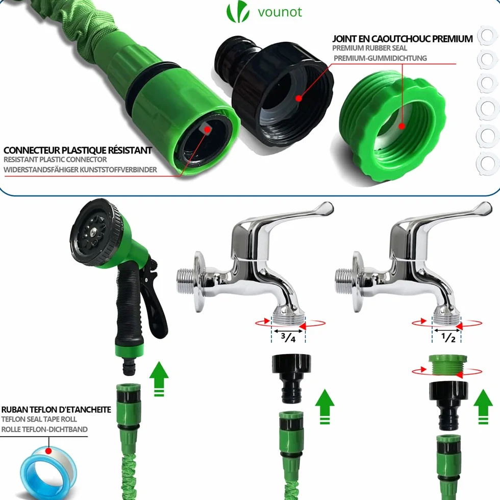 VOUNOT® Tuyau d'Arrosage Extensible 30m 1/2" 3/4" 10 Modes de Pulvérisation Anti-Fuite Raccord Sac de Rangement Vert