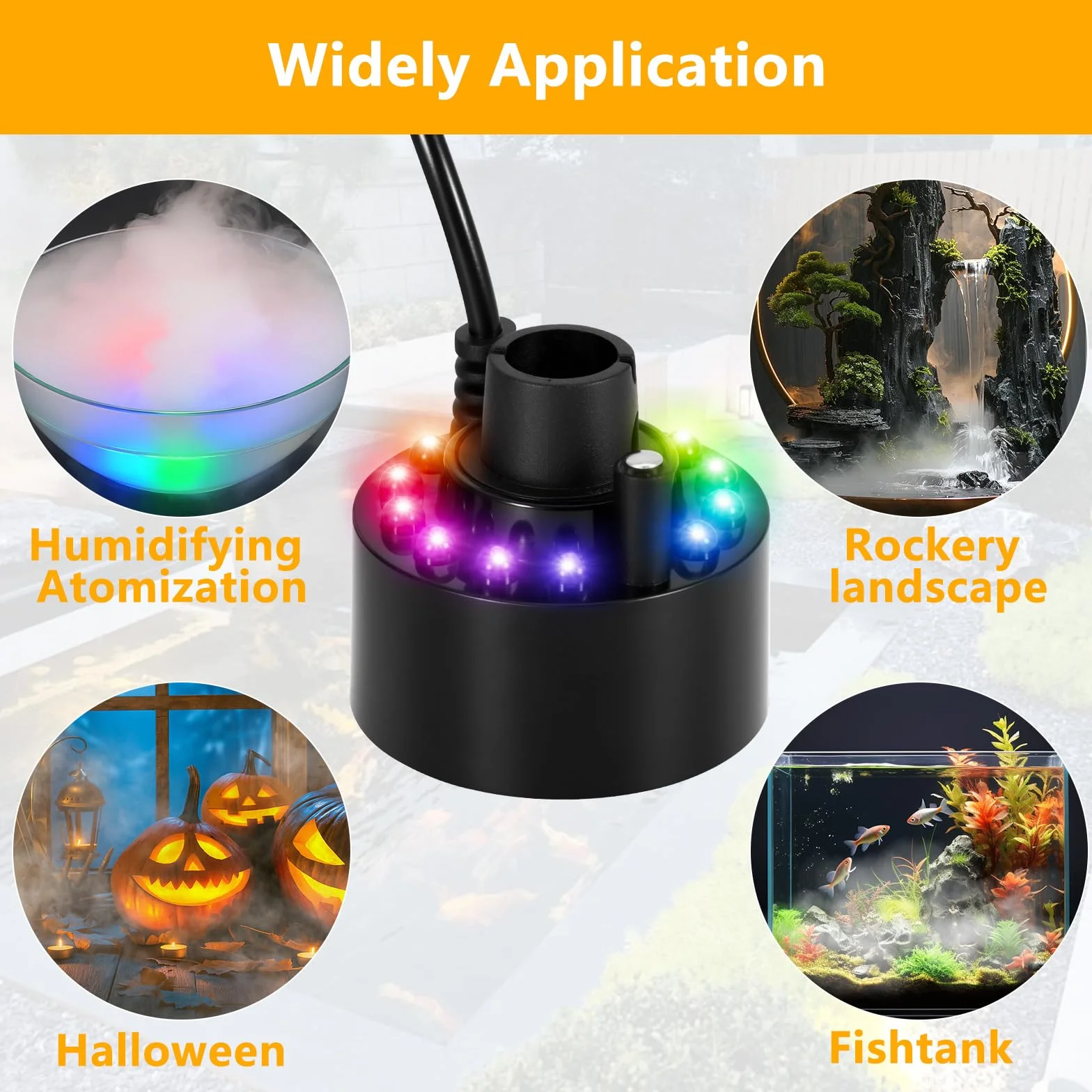 Mini Machine à Brouillard Ultrasons 24V avec 12 Lumières LED pour Étang Aquarium Jardin Noire