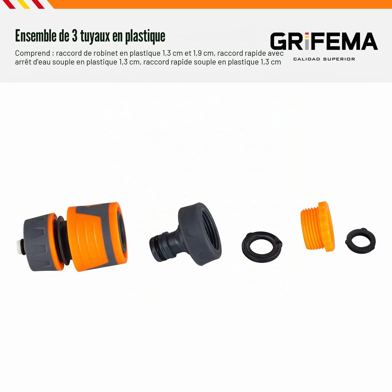 GRIFEMA GE1103 Kit de Raccordement de Robinet Jardin Connecteur Waterstop 1/2" Connexion Rapide Femelle 3/4" Gris Orange