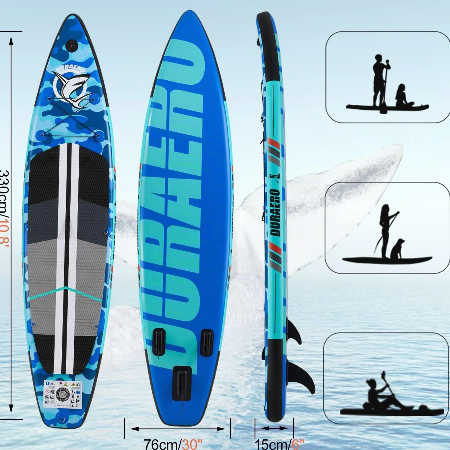 Planche de Stand up Paddle Gonflable, 330 x 76 x 15 cm, siège de Kayak, capacité de Charge jusqu'à 150 kg, Support pour caméra, Kick-Pad intégré, 3 ailerons, pagaie Double réglable, Camouflage Blue