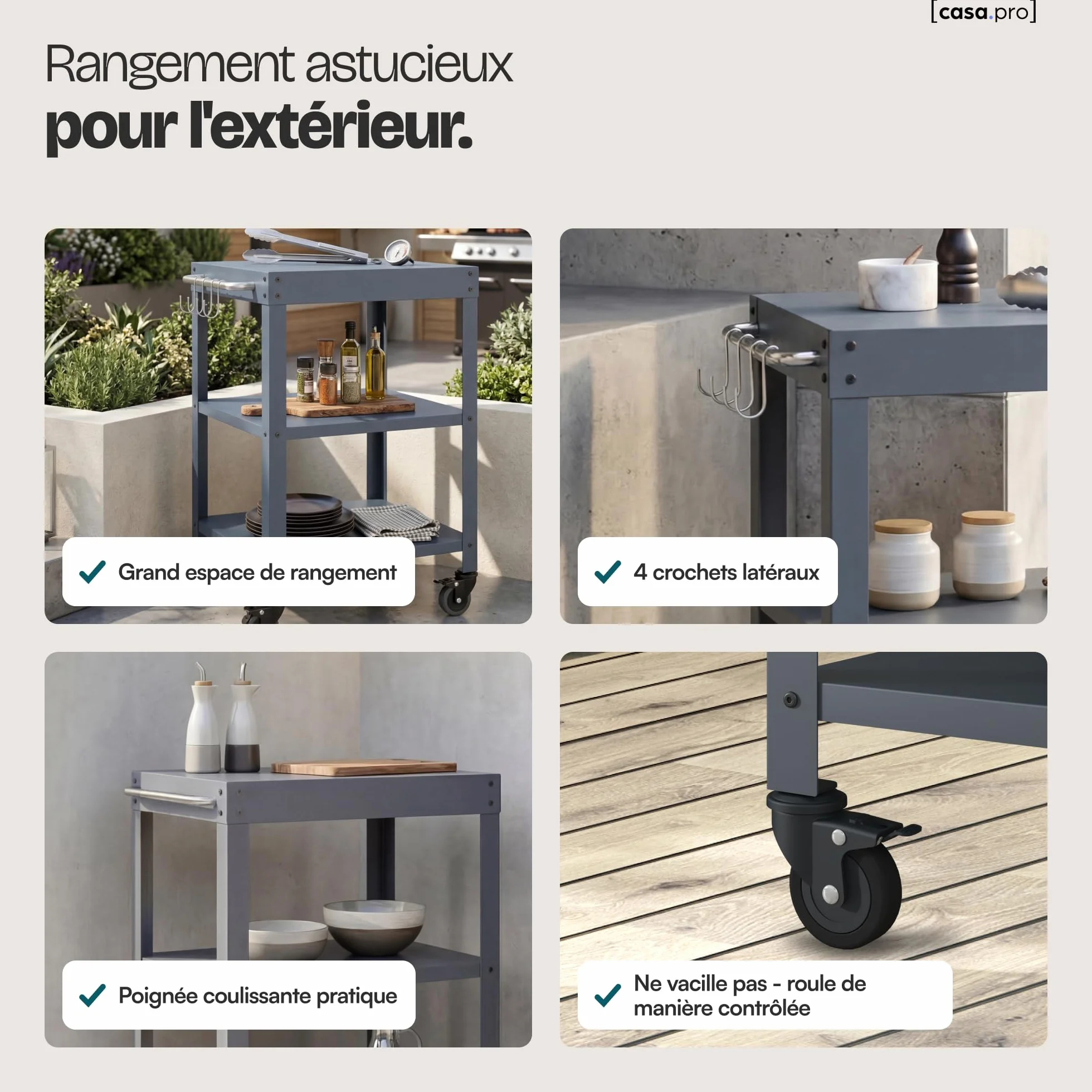 Desserte de Jardin à roulettes Bolognano Chariot de Service Extérieur Barbecue 3 Étagères 4 Crochets Métal 81 x 50 x 50 cm Gris Foncé