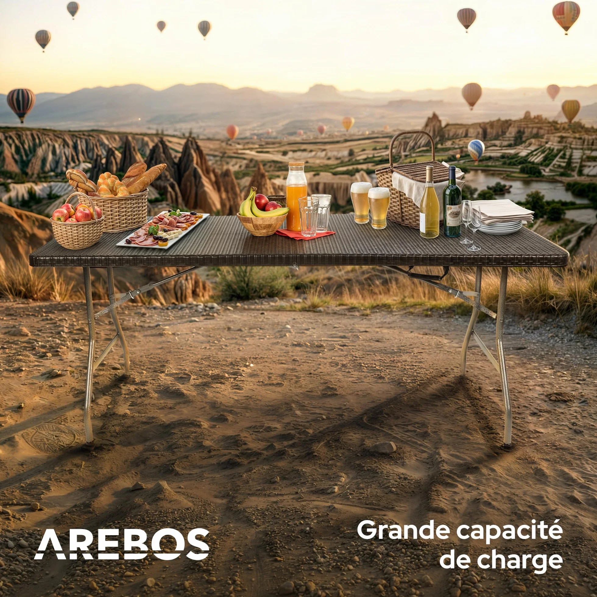 AREBOS Table de Buffet Pliable 182 x 74 x 74 cm Aspect rotin Résistant aux intempéries 8 Personnes