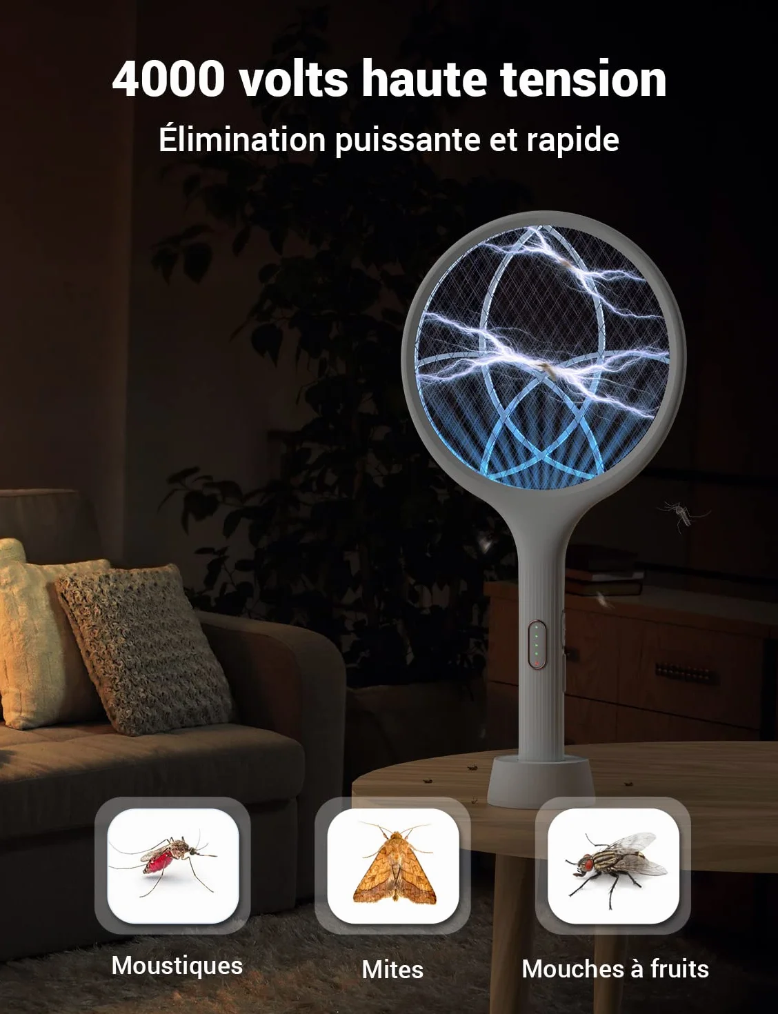 YISSVIC Raquette Electrique Insectes 4000 V 1500 mAh Rechargeable avec Base Stable, Blanc