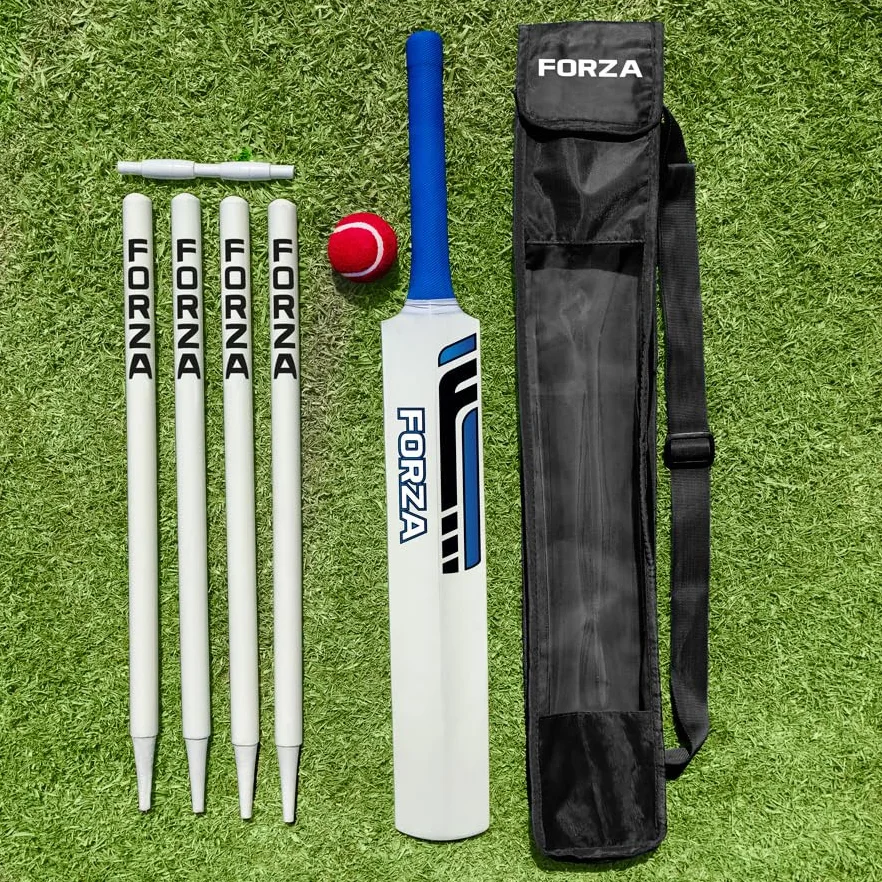 FORZA Ensemble de cricket en bois - Batte de cricket en saule du Cachemire et balle de tennis, kit complet de cricket de jardin junior avec souches, cautions et sac de transport robuste