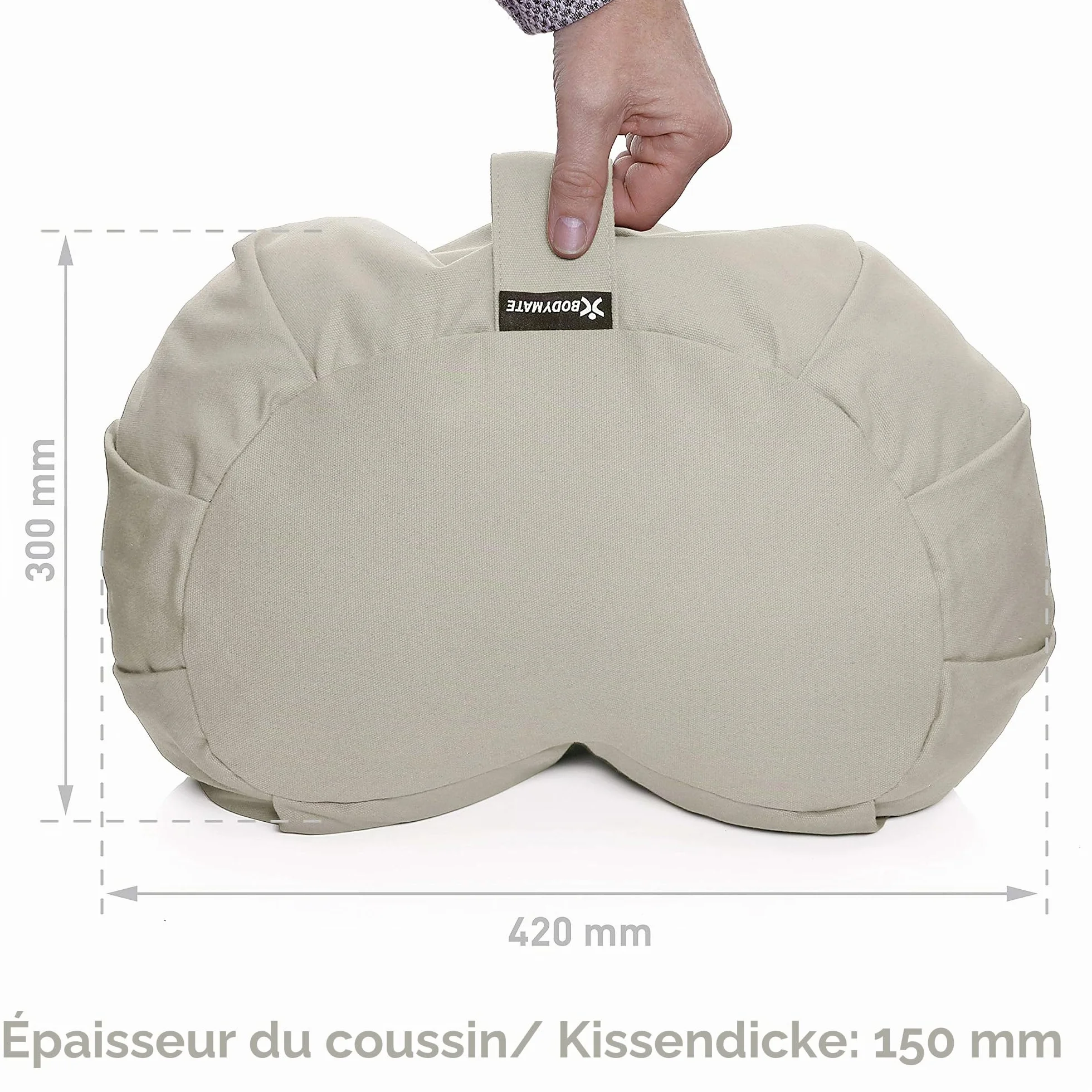 BODYMATE Coussin de yoga demi-lune 42 cm de long, 30 cm de large et 15 cm de haut avec rembourrage en fourrure de sarrasin – Housse lavable en machine en 100% coton extra épais – Coussin de