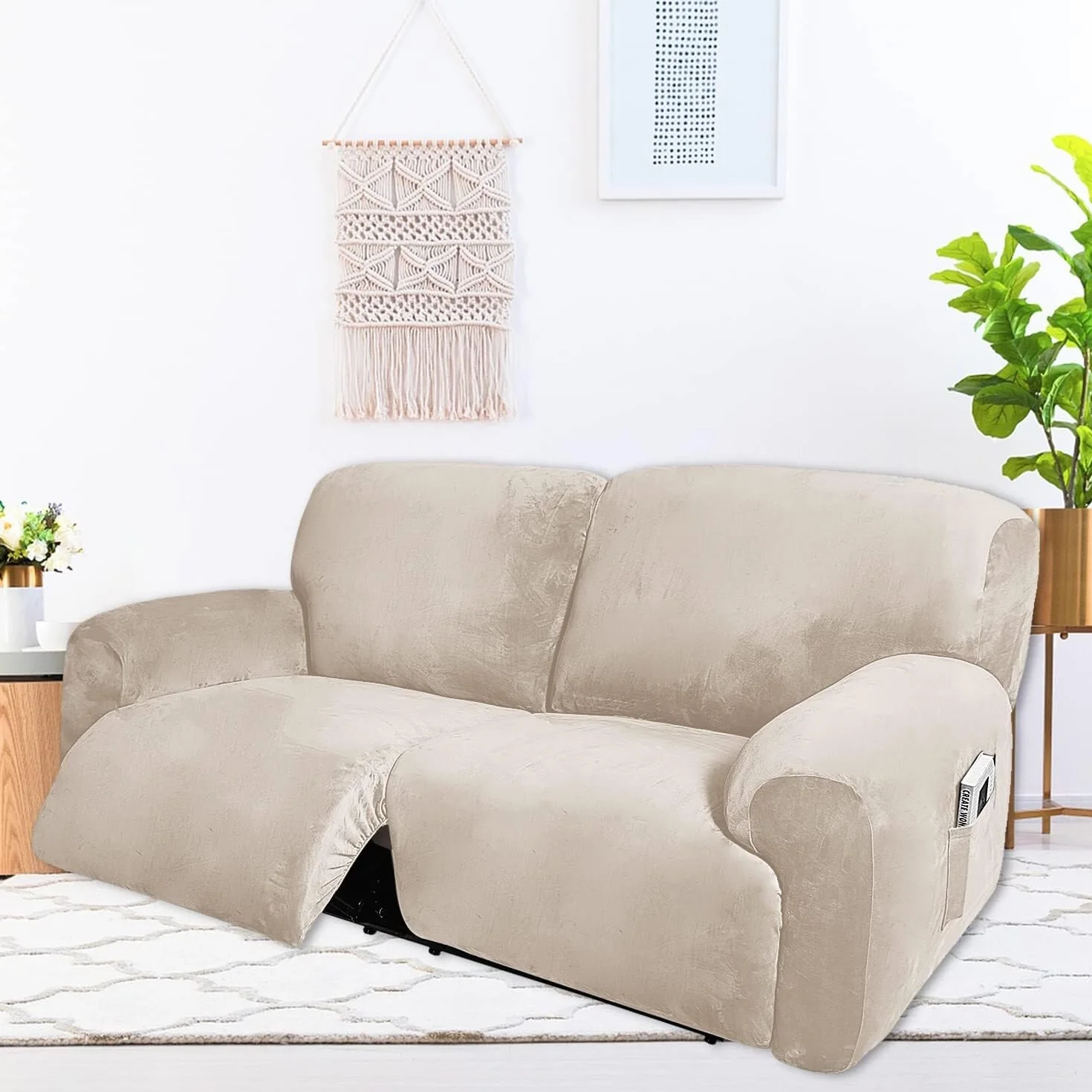 Housse de Fauteuil Relax Extensible Velours 6 Pièces 2 Places Beige