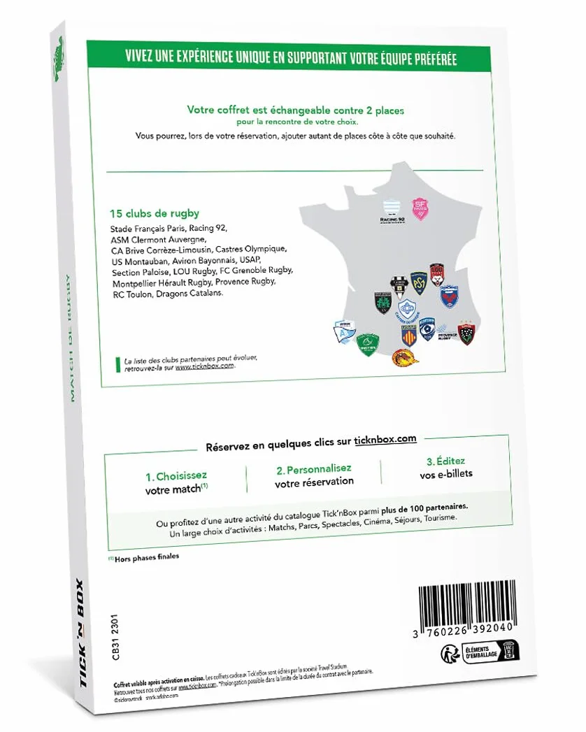 Wonderbox Connect - Coffret Cadeau - 100% Rugby - 2 places pour 1 match au choix - Parmi 15 clubs de rugby - Validité 27 mois