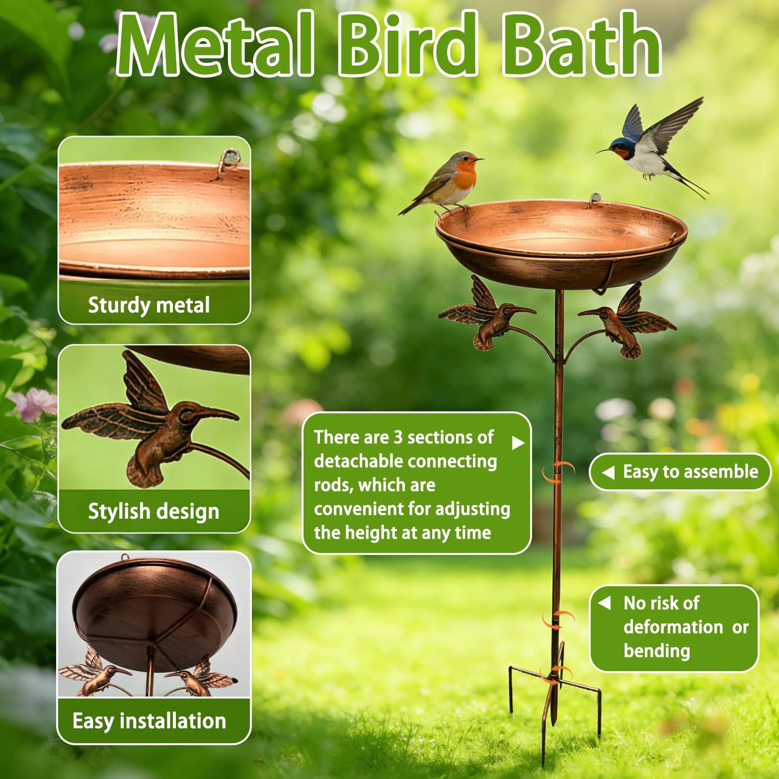 Abreuvoir Oiseaux Bain Suspendu Exterieur ∅ 24cm Socle 5 Pattes Anti-Basculement Chaîne Jardin Balcon