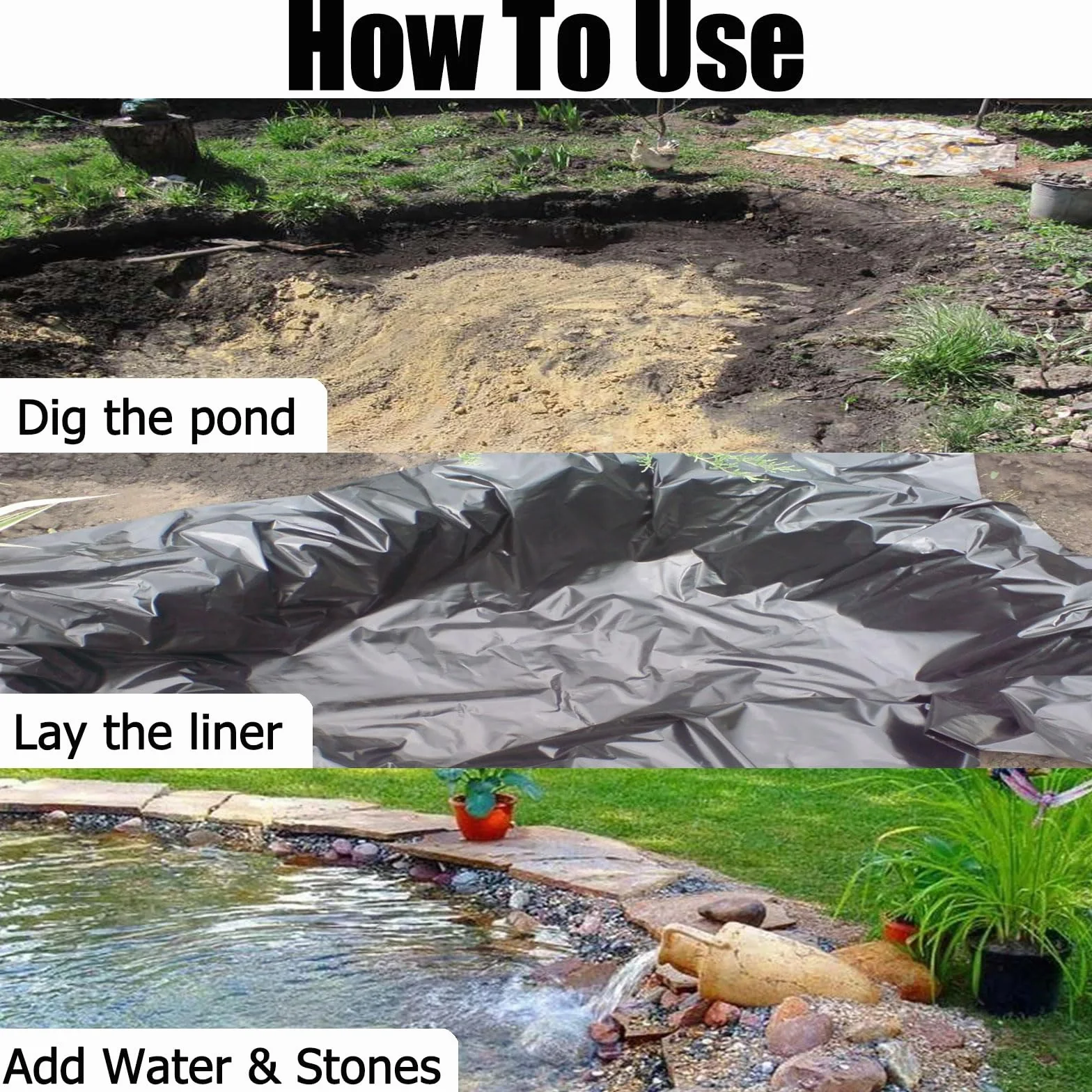 Bâche Liner pour Bassin 2 m x 2 m Noir Flexible pour Étang Jardin Fontaine Cascade