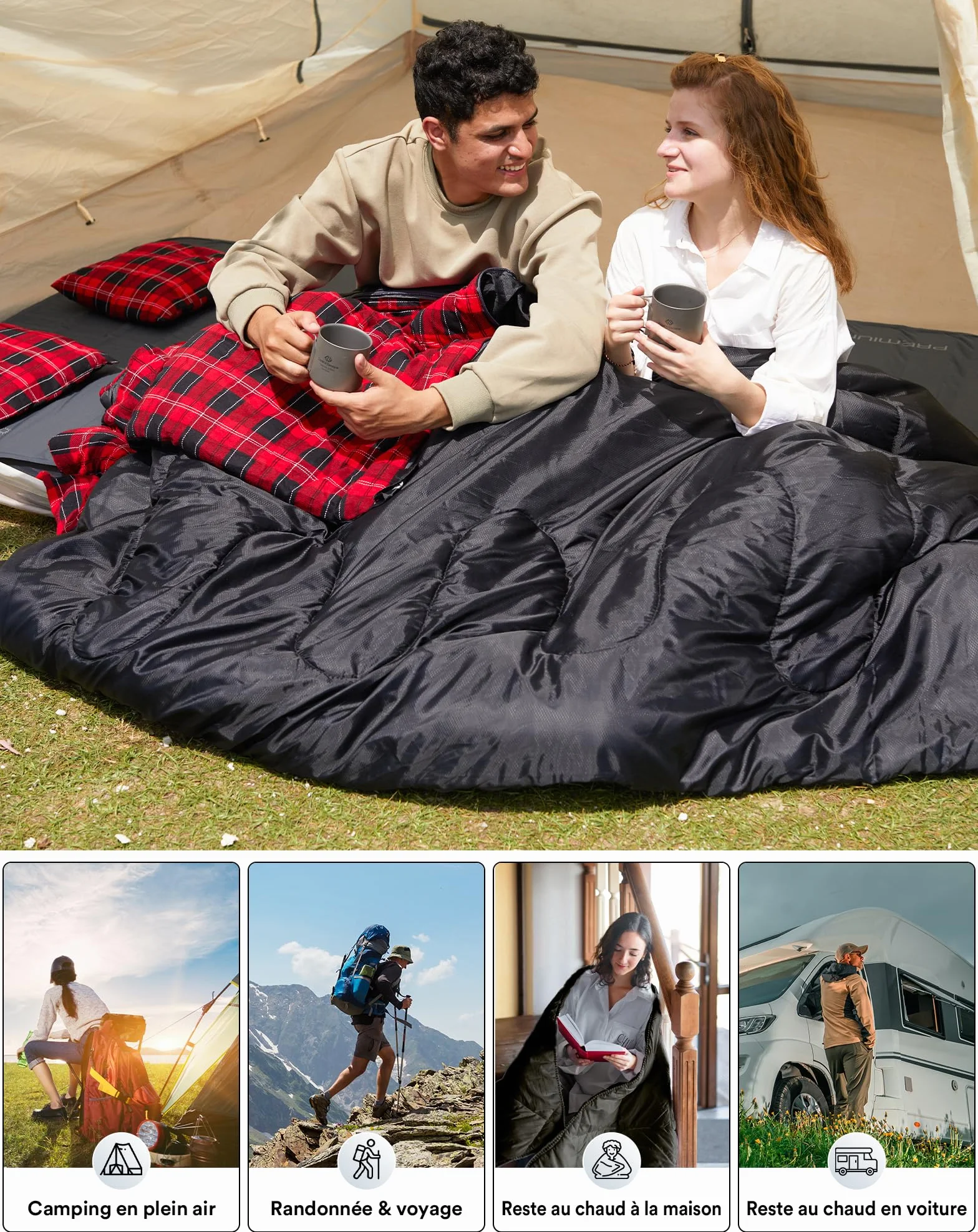 KingCamp Sac de Couchage Double 220x150cm avec 2 Oreillers pour Camping