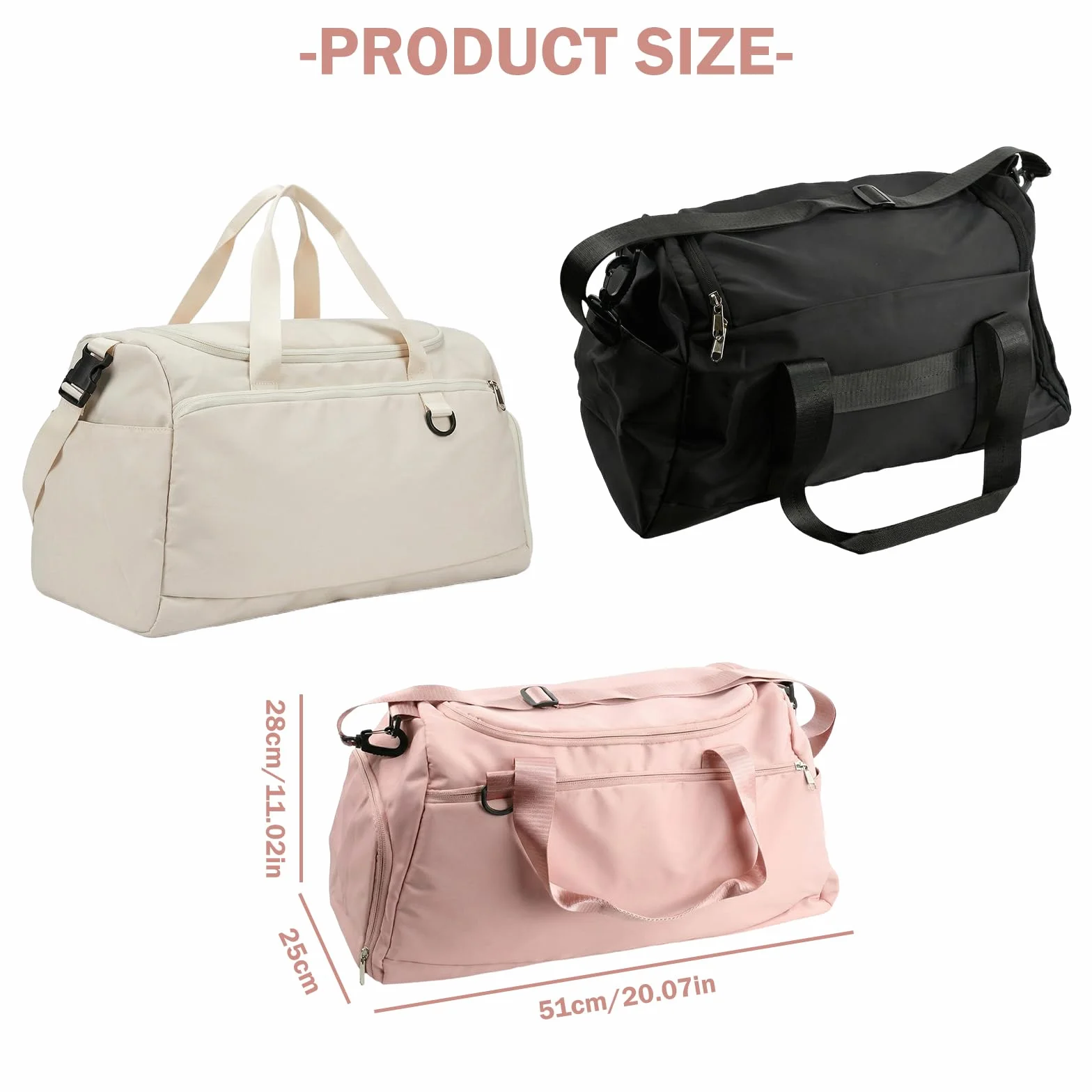 Sac de Sport Imperméable 36-55L 51x28x25cm avec Compartiments Chaussures et Poche Humide Duffel Gym Bag Rose