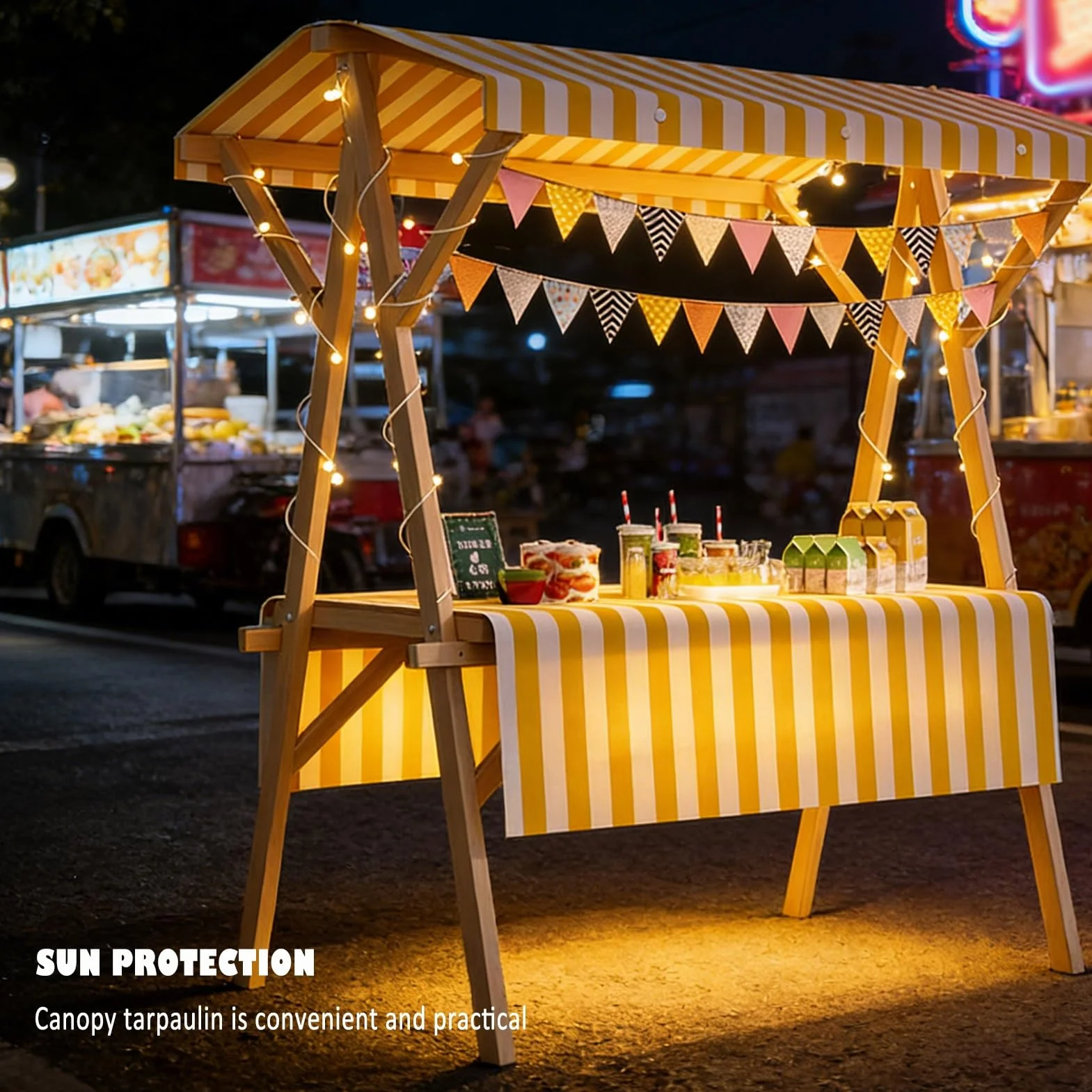 Chariot de Vente Mobile Pliable en Bois avec Auvent, Stand de Marché 120cm Rouge