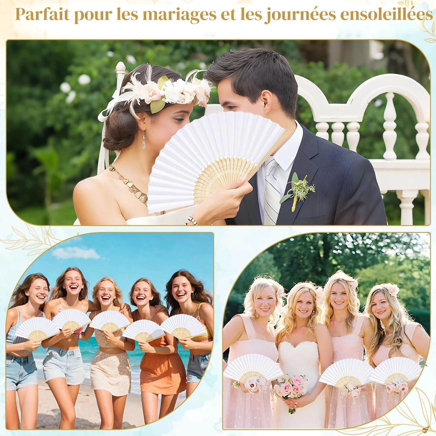 Eventail Mariage Pliant Ventilateur Bois Papier Blanc Japonais Poche Pliante Demoiselles Cadeaux Danse fête décoration DIY 12 pcs