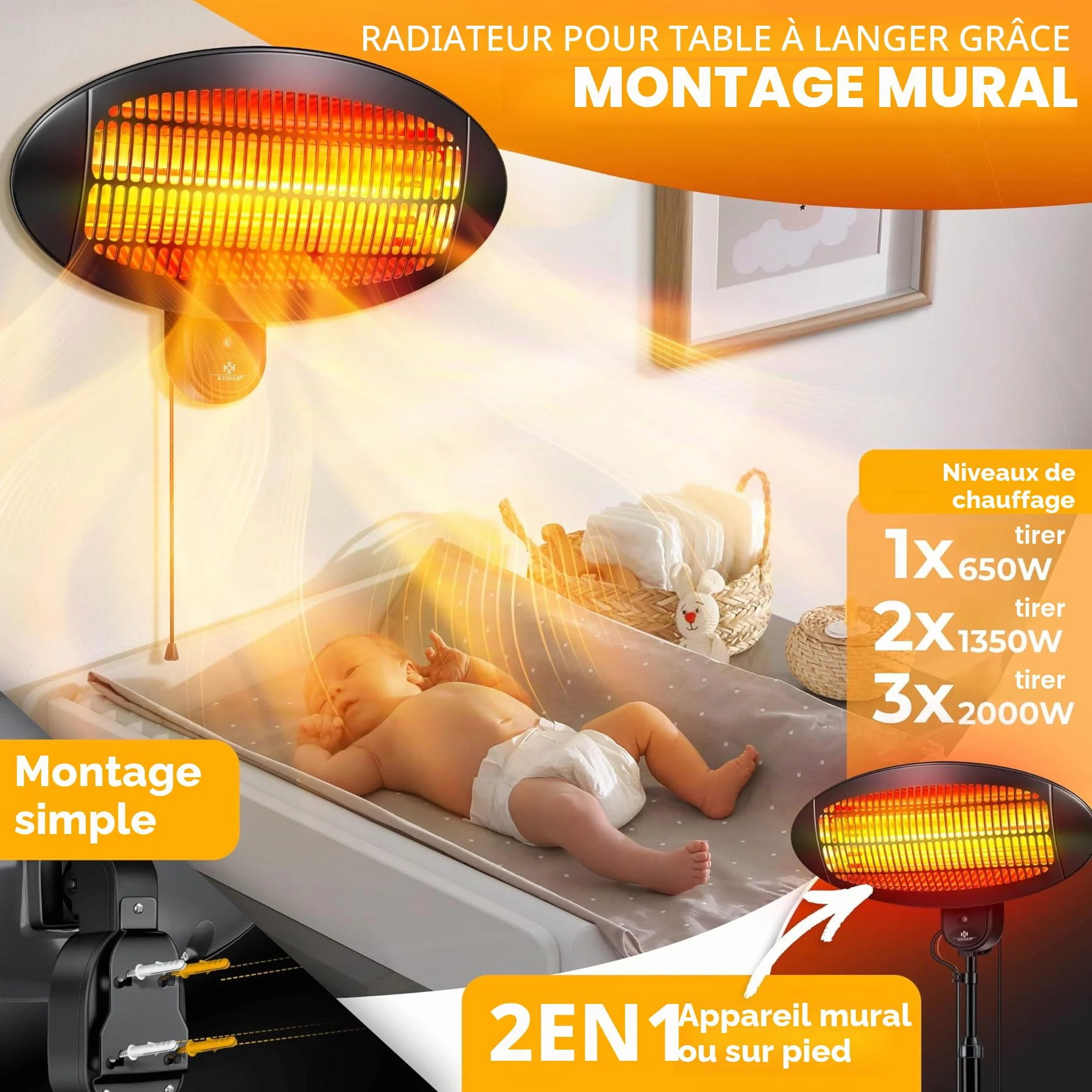 KESSER Chauffage radiant 2000 Watt Infrarouge sur pied terrasse intérieur extérieur