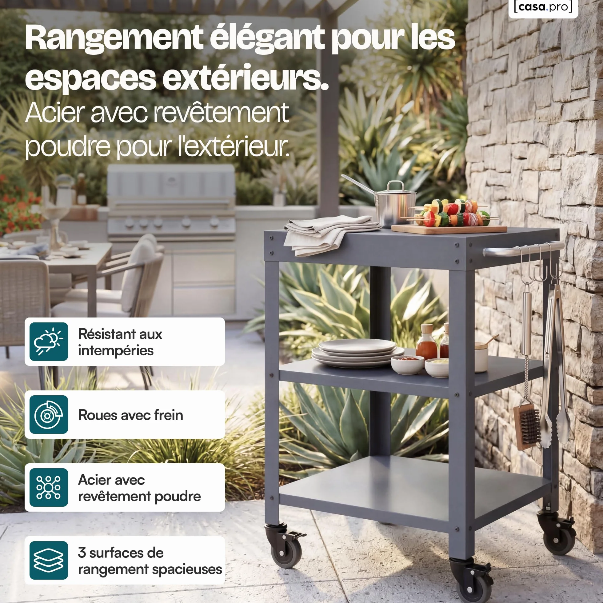 Desserte de Jardin à roulettes Bolognano Chariot de Service Extérieur Barbecue 3 Étagères 4 Crochets Métal 81 x 50 x 50 cm Gris Foncé