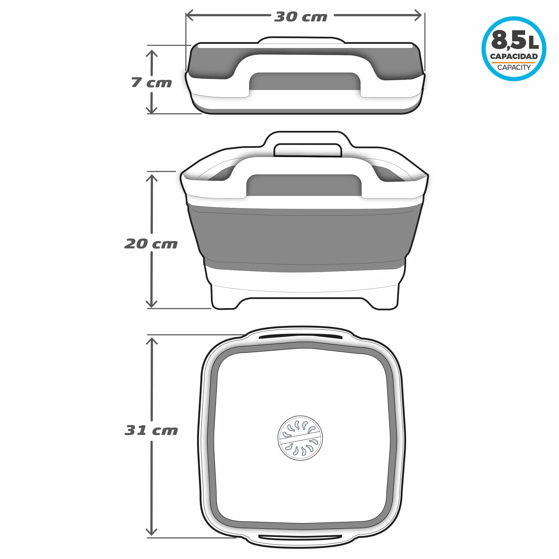 Aktive 52985 Évier de Camping Pliable en Plastique et Caoutchouc TPR avec Bouchon de Drainage 8,5 l 30,5 x 30 x 20/7 cm