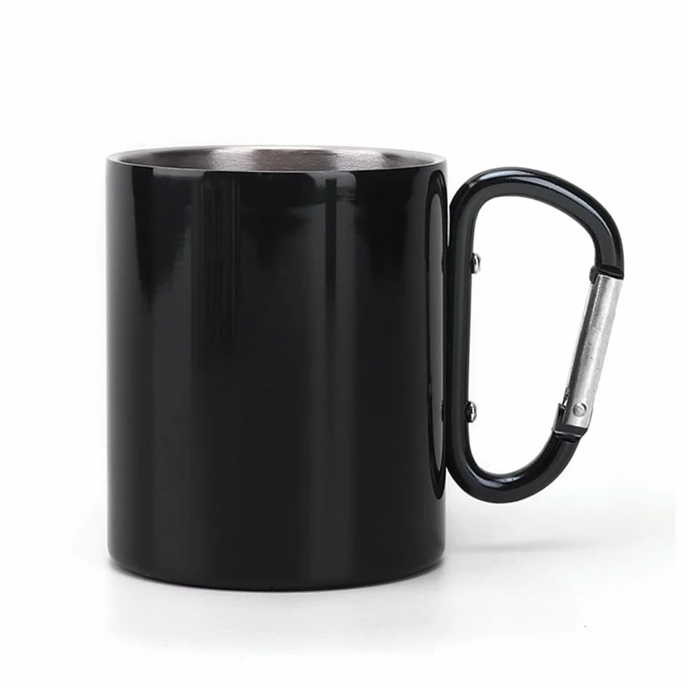 MiOYOOW Tasse à mousqueton en acier inoxydable, tasse de camping à double paroi, tasse portable en métal avec poignée à mousqueton pour camping, voyage en plein air, 300 ml