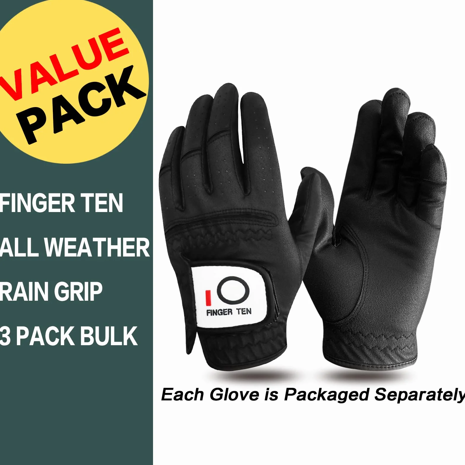 FINGER TEN Gant De Golf Hommes Main Gauche pour Golfeur droitier Pluie poignée Paquet De 3，Gant de Golf Confortable Doux synthétique Tous Les Temps Taille adaptée S M L XL ML Blanc Noir