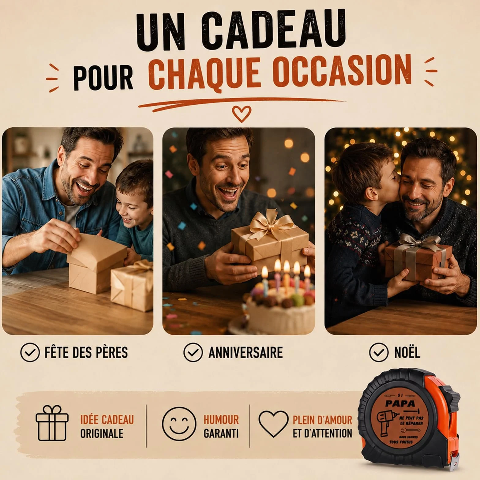 Mètre à Ruban en Cuir Véritable Cadeau pour Papa Fête des Pères Anniversaire Noël