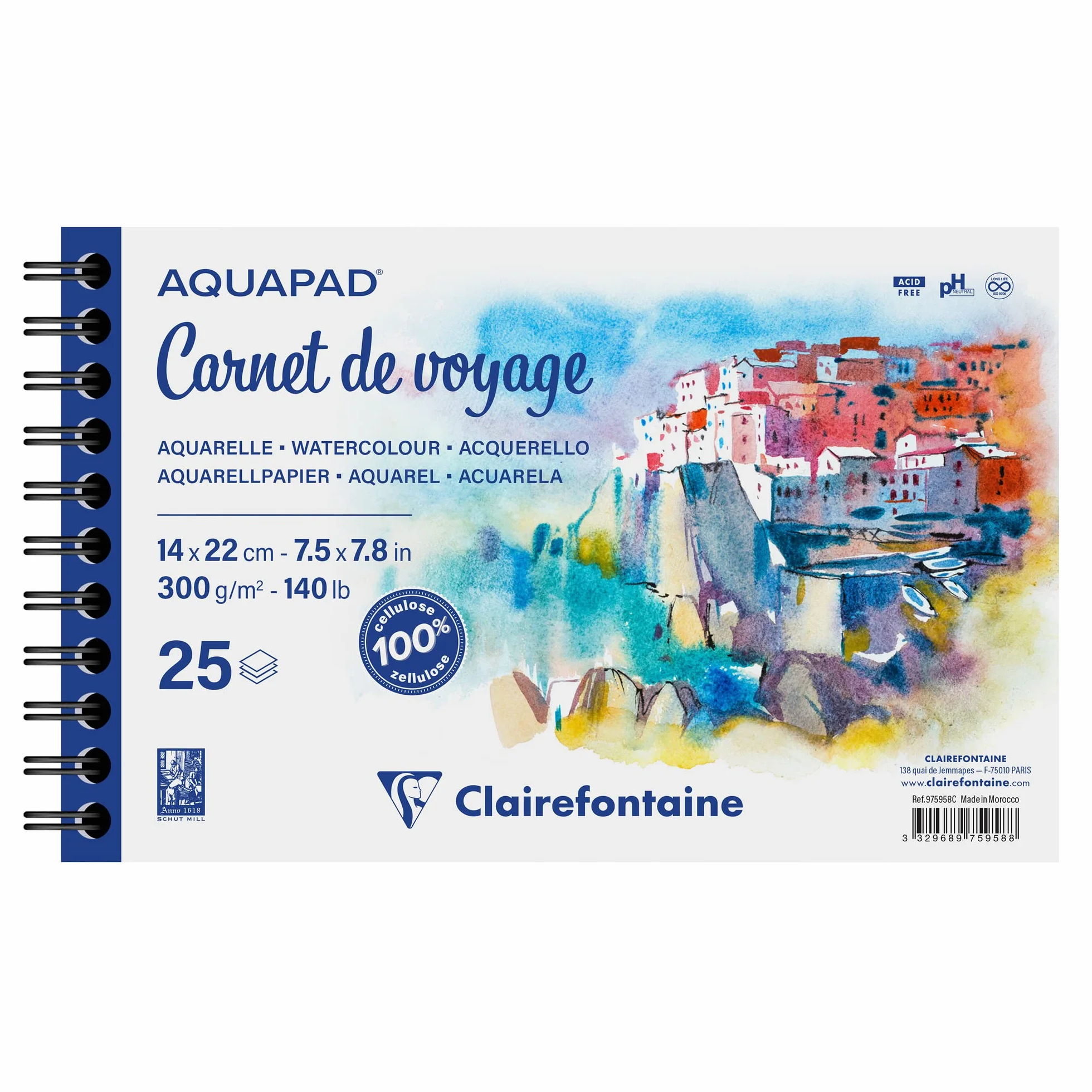 Clairefontaine Carnet de Voyage Spiralé Aquapad 25 Feuilles Papier Aquarelle Blanc Grain Moyen Fin 14x22 cm 300g
