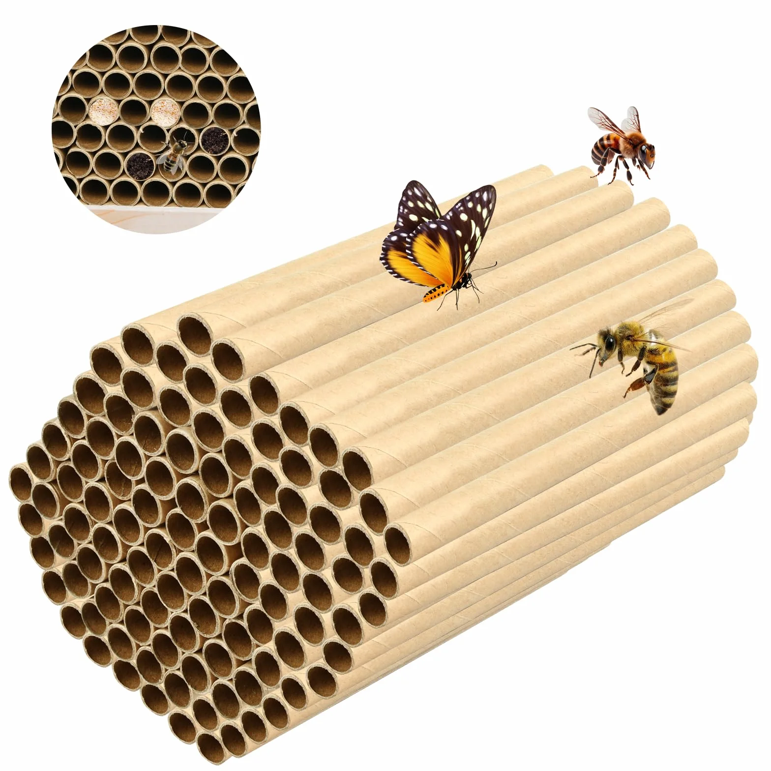 Kit Hôtel à Insectes pour Abeilles Sauvages 100 Pièces 15 cm Tubes de Nidification en Carton
