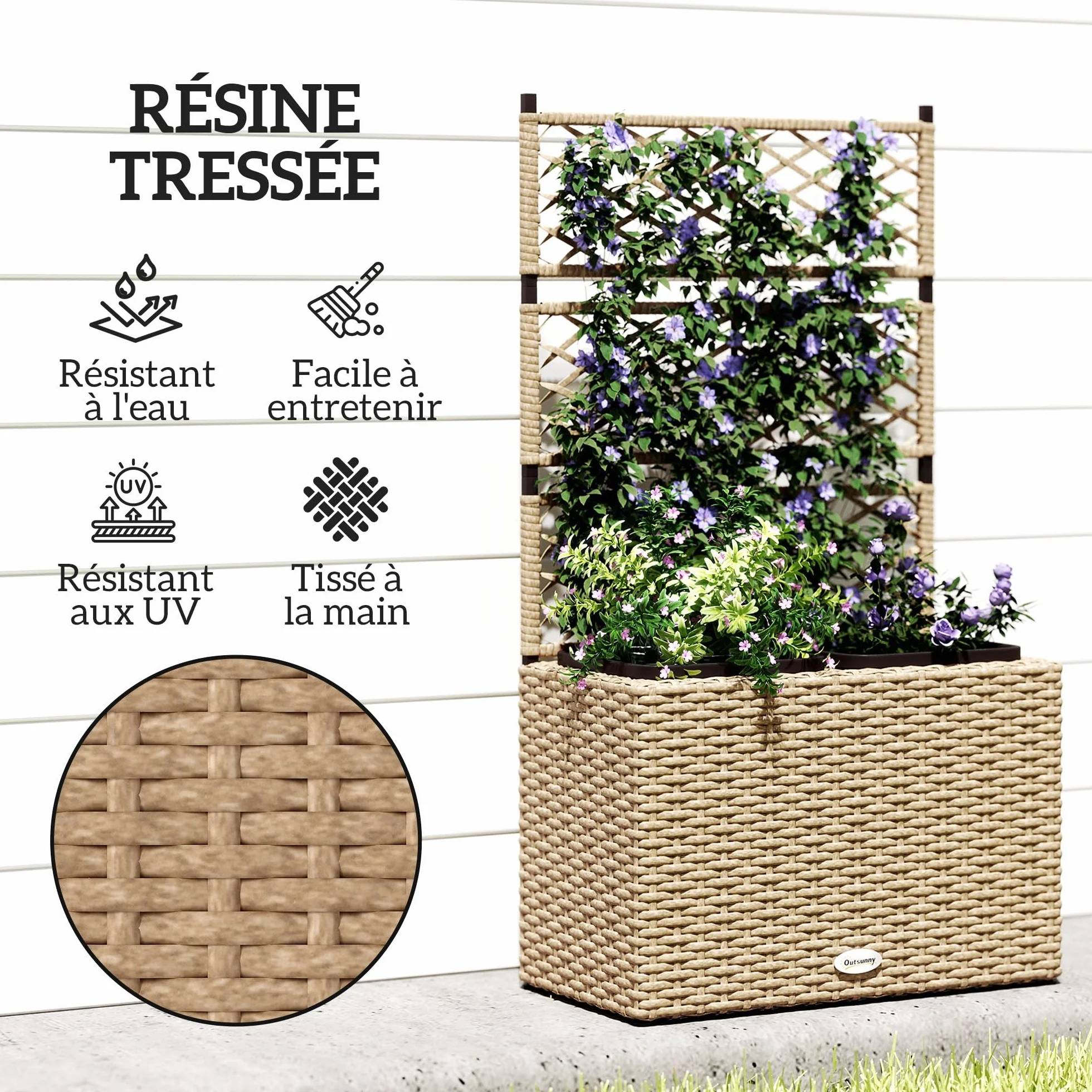 Outsunny Jardinière pour Plantes avec Treillis 2 Pots, 22L, Résine Tressée et Acier, 57 x 30 x 107 cm, Sable