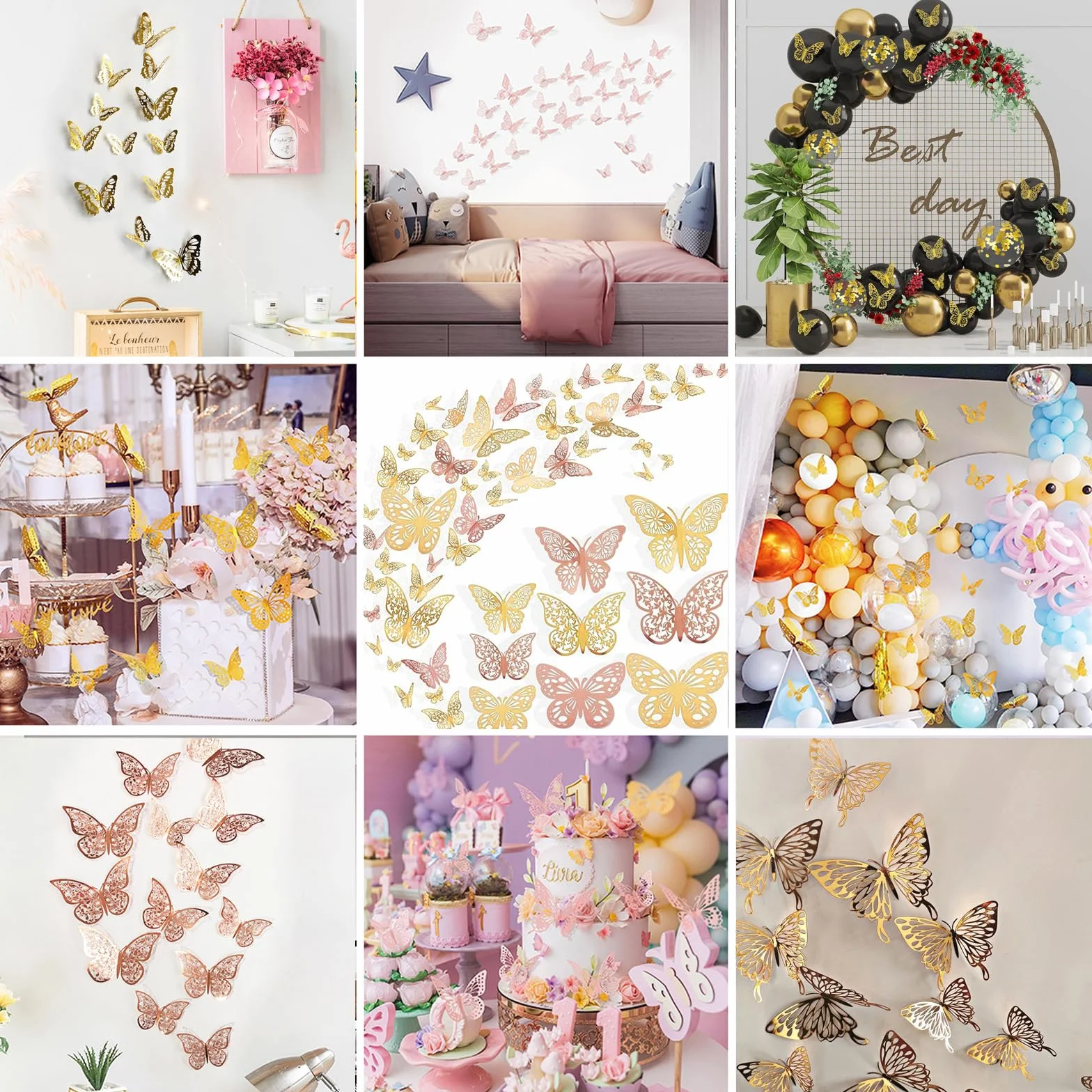 72 Pièces Ornements de Papillons 3D, Autocollants Peintures Murales Décoration Murale Chambre Fille Fête Mariage