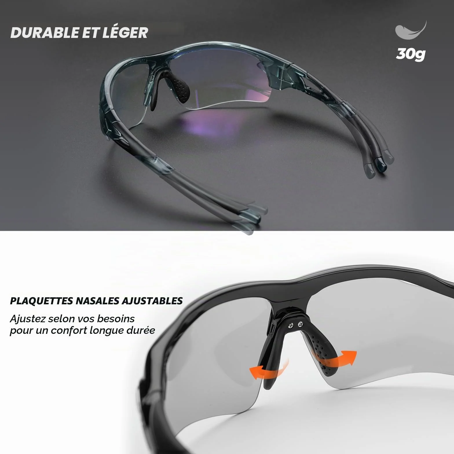 ROCKBROS Lunettes de Soleil Sport, Cyclisme Lunette Photochromiques pour Vélo VTT Pêche, Verres Transparents en PC Anti-UV400 Ultra-léger Unisexe