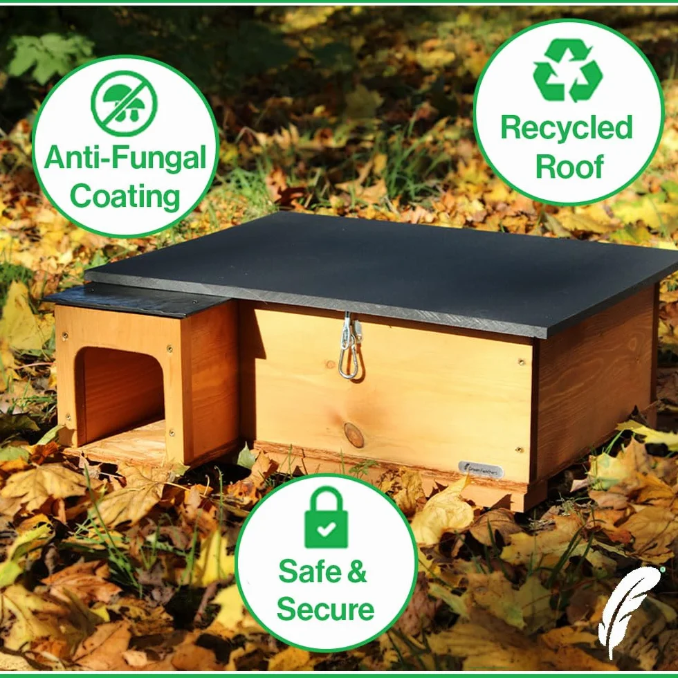 Green Feathers Maison pour hérisson - Marron doré avec revêtement anti-bactéries, habitat extérieur résistant aux prédateurs, toit écologique et sol en bois massif