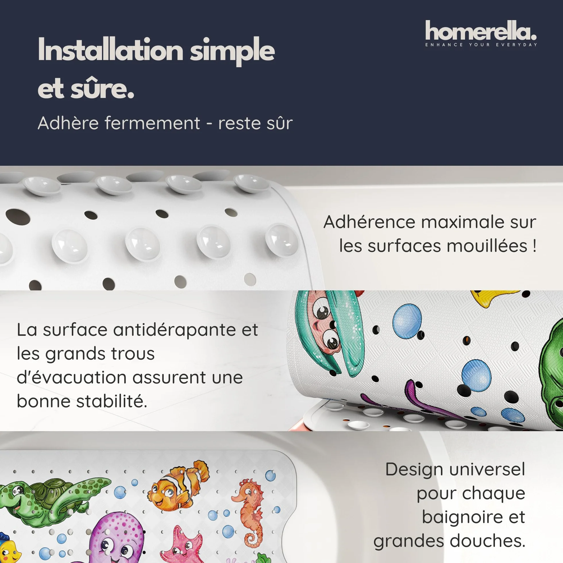 Homerella Tapis de Bain antidérapant 100x40 cm antibactérien