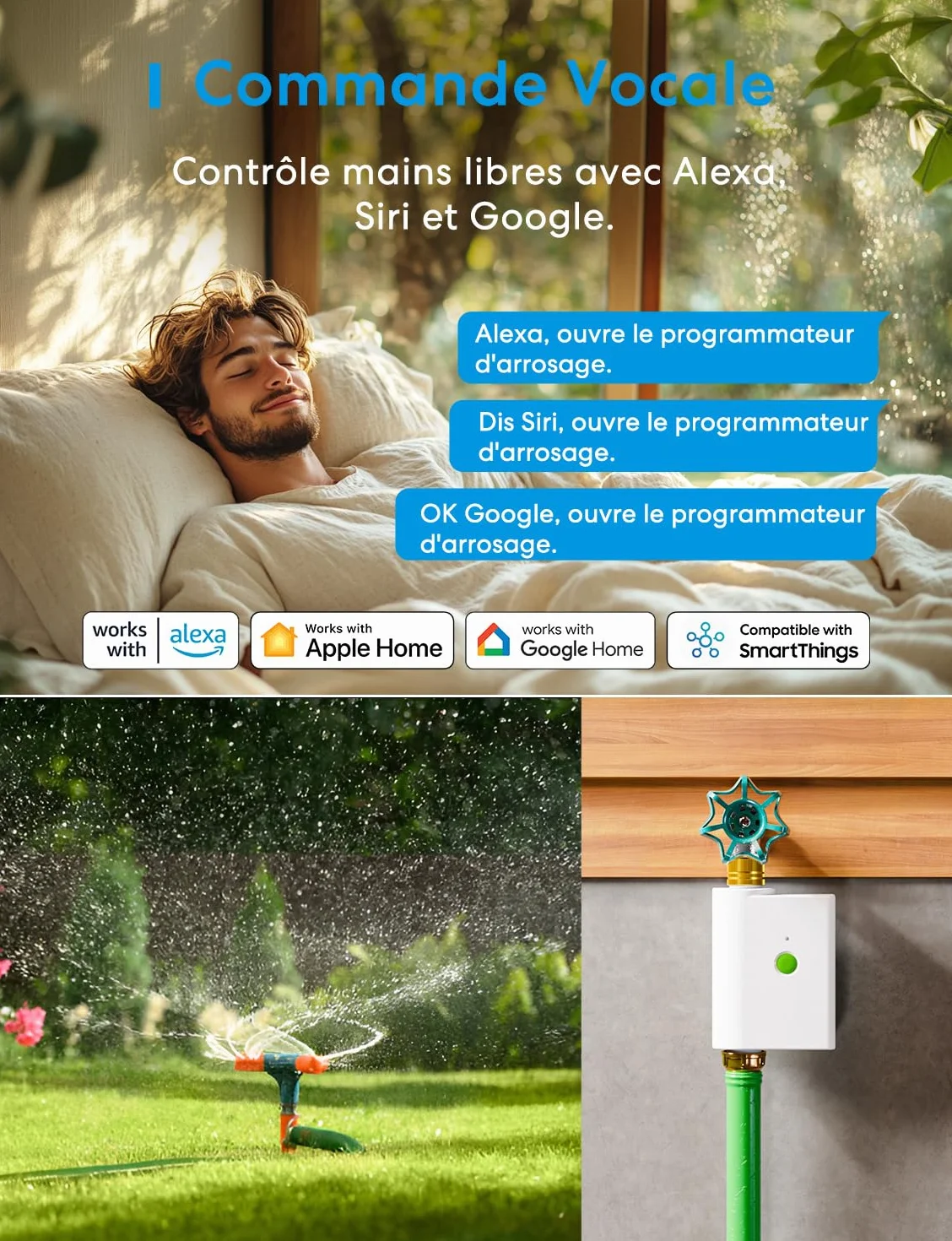 Meross Programmateur Arrosage WiFi MST100, Arrosage Automatique APP, Raccord Double Laiton, Compatible HomeKit Alexa Google Home, Blanc 2.4GHz