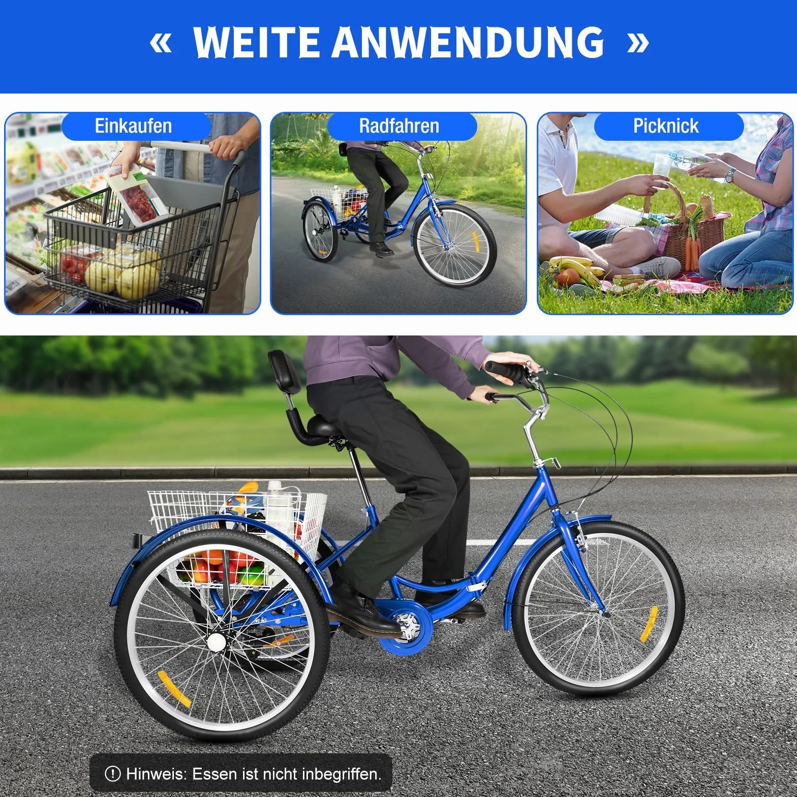 Tricycle pliable pour adulte 24 pouces 7 vitesses - 3 roues - Charge maximale : 120 kg - Vélo de ville - Vélo de trekking - Cruiser - Hauteur réglable - Frein en V - Avec panier de 25 kg - Sonnette