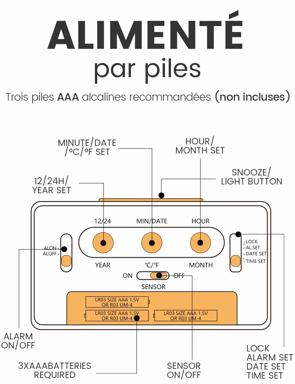 aboveClock Réveil Numérique en Bois avec LCD, Date, Température, Snooze, Alimenté par Piles AAA
