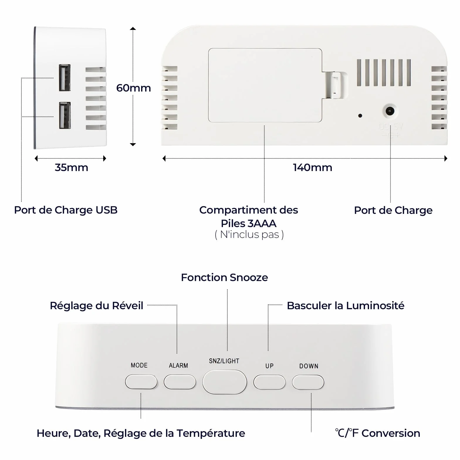 Vinabo Réveil de Chevet numérique avec 2 Ports USB, Radio-réveil Moderne, Horloge de Table 2 Niveaux de luminosité