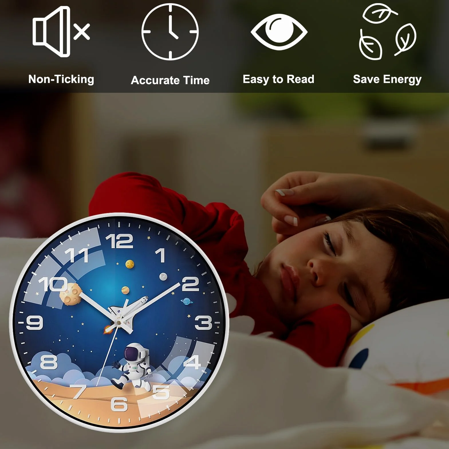 Horloge Murale Enfants 30cm Silencieuse Astronaute Ronde Chambre