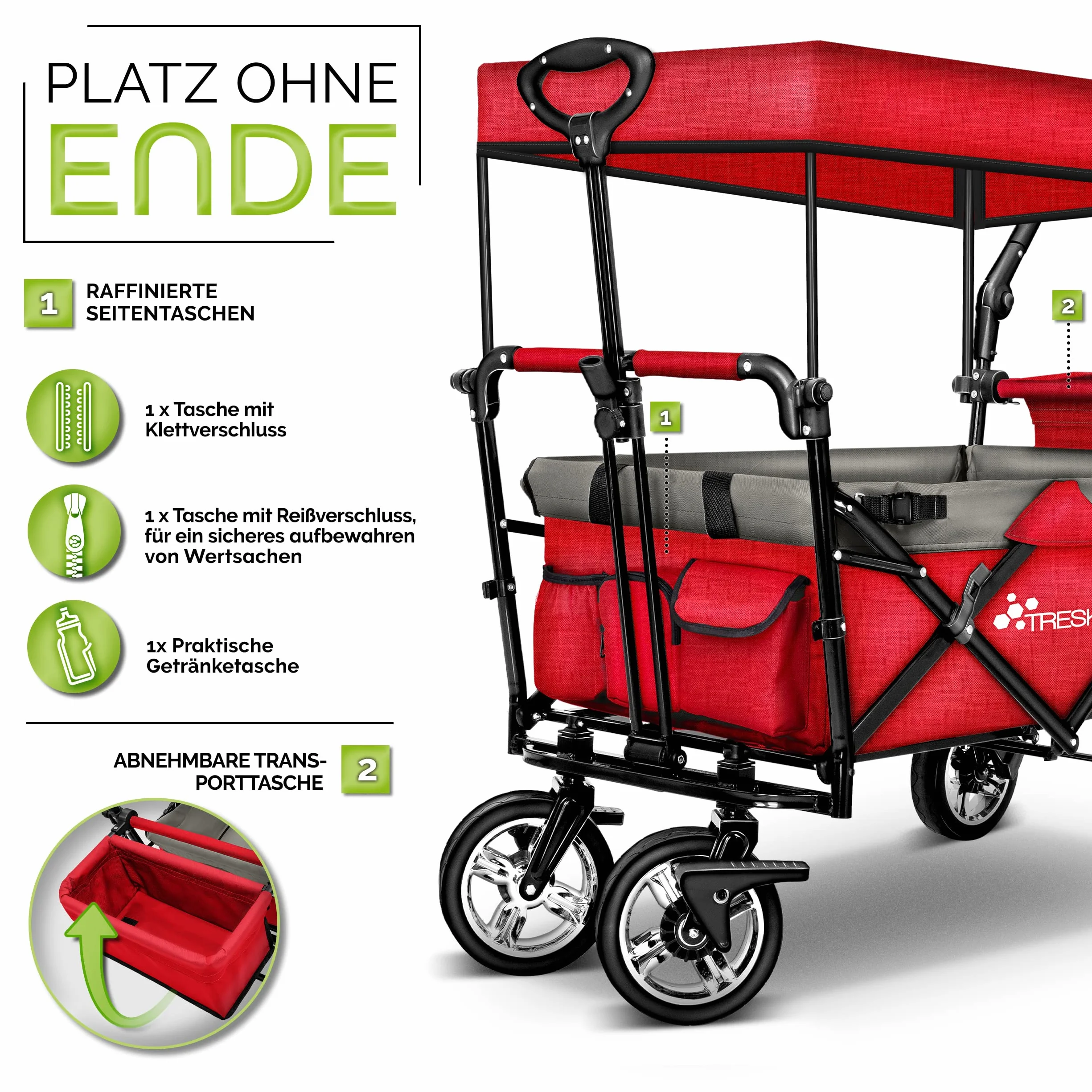 TRESKO Chariot de Transport Pliable avec Sac Isotherme et Frein pour Plage et Jardin