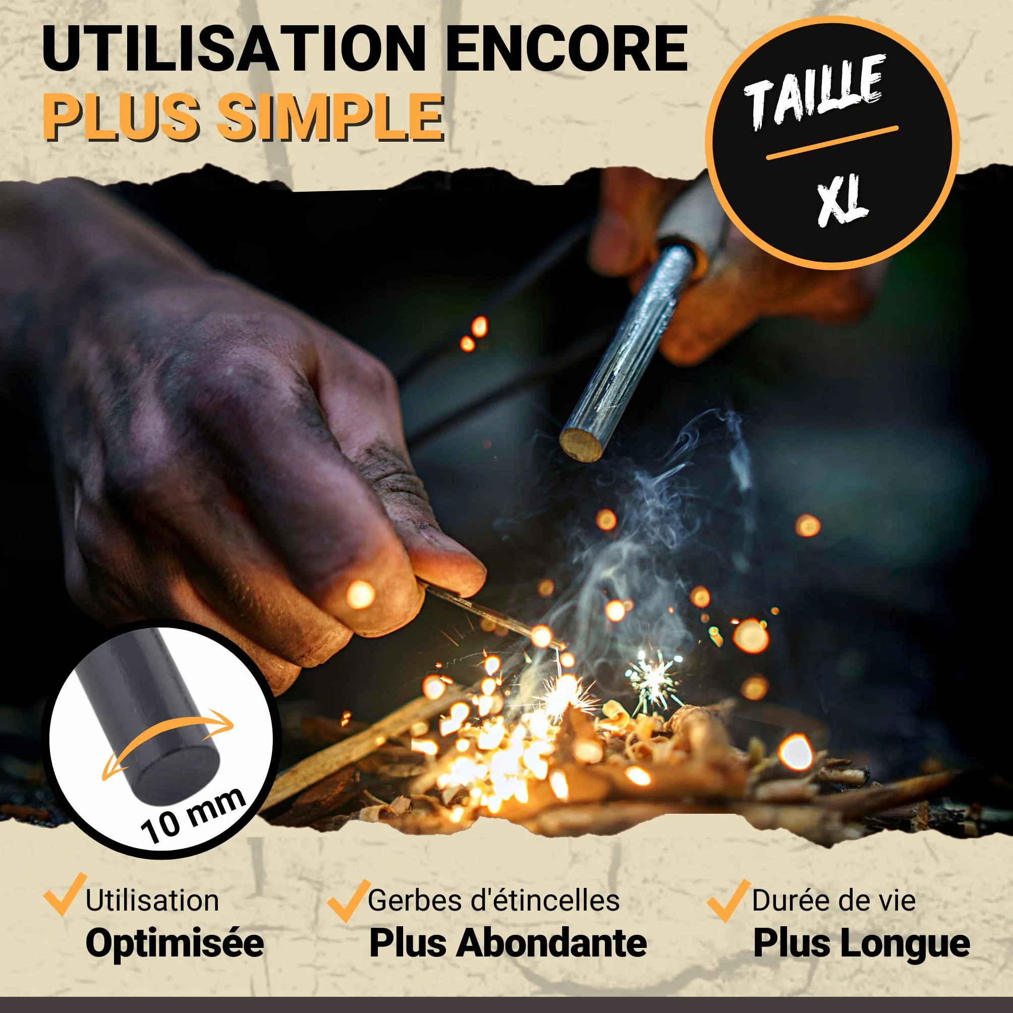 Kit Firesteel XL 10mm - Pierre à Feu de Survie - Barre Magnésium 15 000 utilisations - Allume Feu Naturel