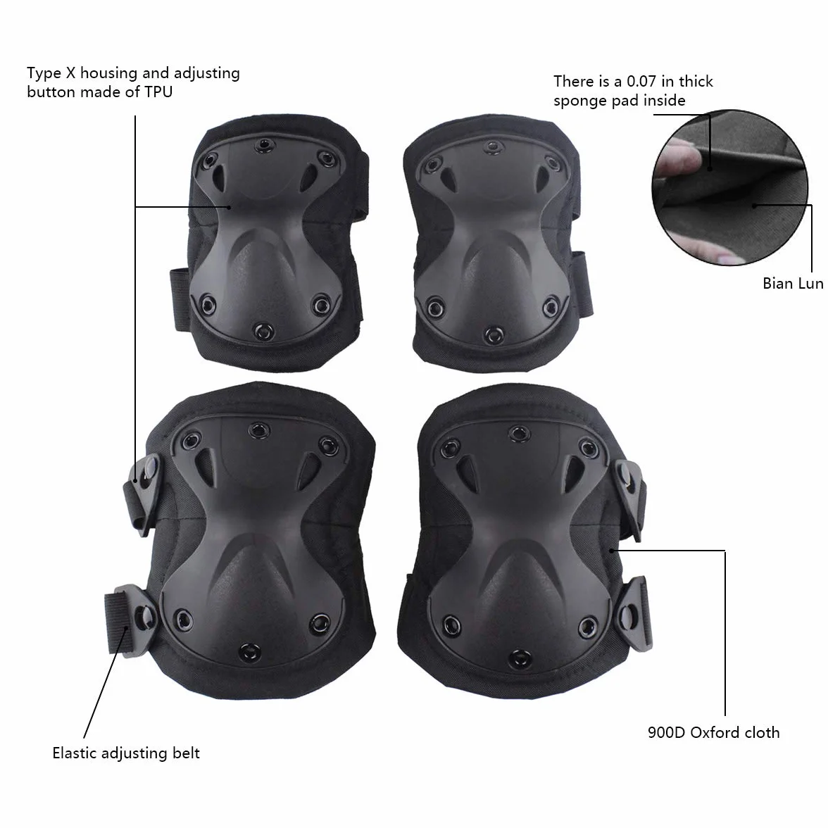 Coussinets de protection tactiques pour le genou et le coude fixés pour le jeu de paintball CS de plein air, sécurité du vélo, planches à roulettes, patins (Black)