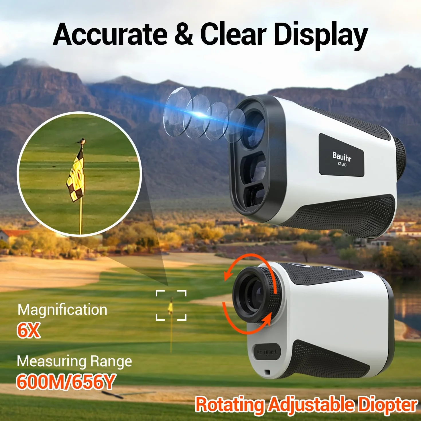 Bauihr Télémètre Golf 656Yards Laser avec Slope Compensation 6X Grossissement Vibration de Verrouillage Rechargeable USB