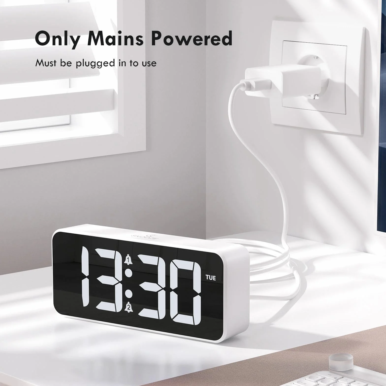 Réveil Numérique avec Grand écran LED, Double Alarme, Snooze, 10 Sonneries, Luminosité et Volume Réglables, 12/24H