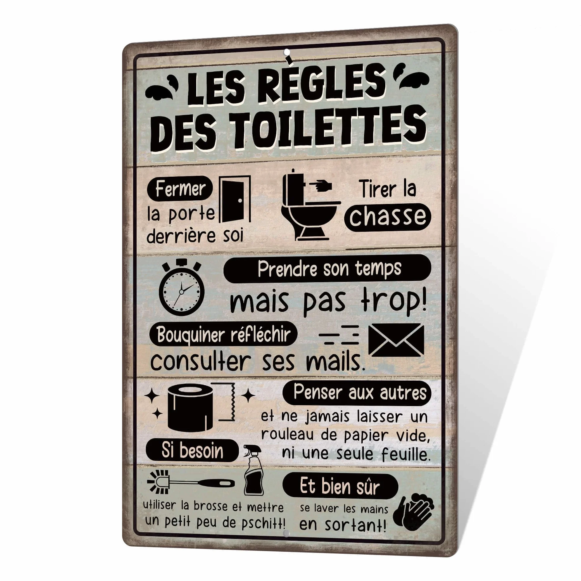 Plaque Métallique "Les Règles des Toilettes" avec Design Humoristique - Décoration Murale WC Salle de Bain 20x30 cm