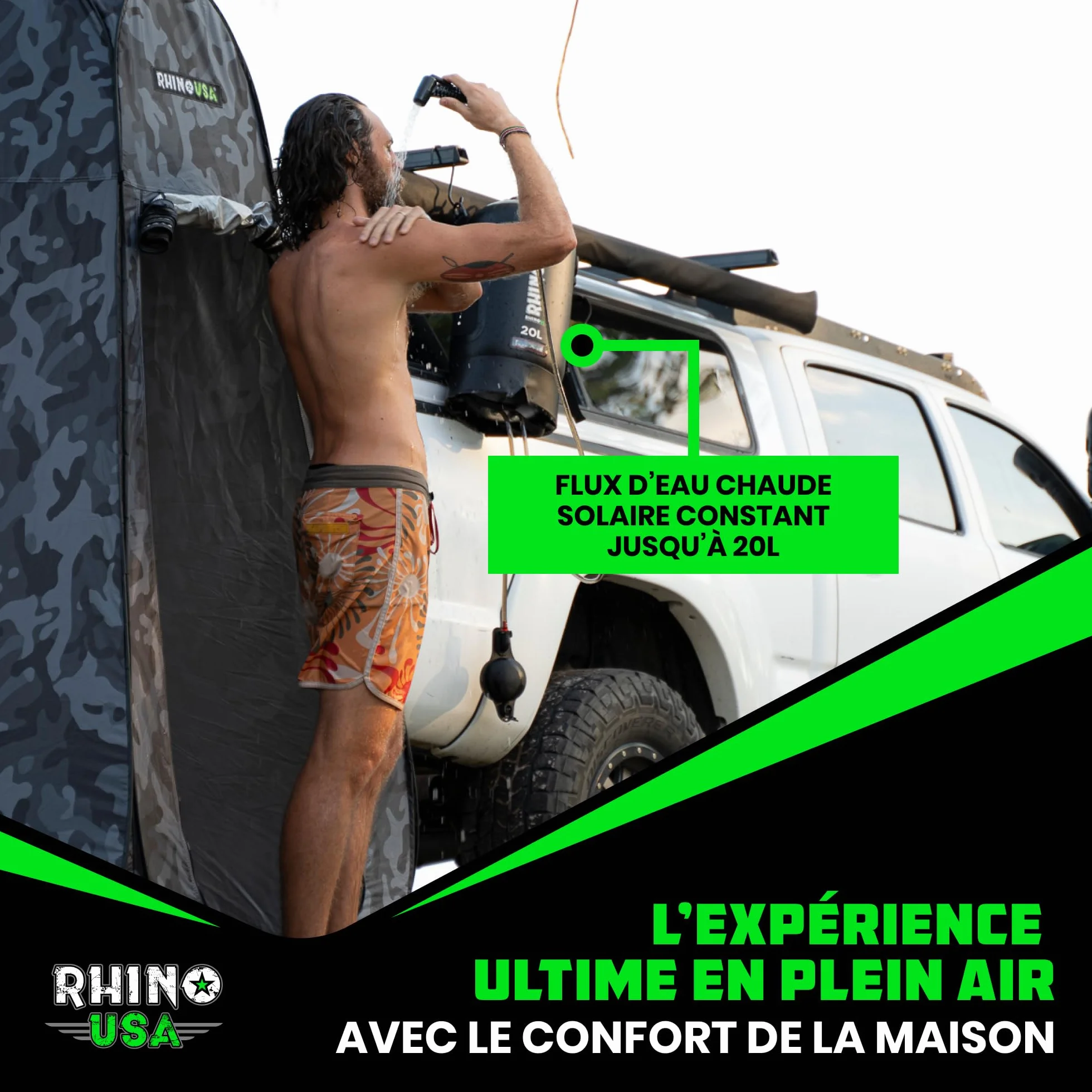 Rhino USA Douche solaire portable de 20 L - Indispensable pour le camping, les festivals, les voyages à la plage, la douche en plein air et plus encore