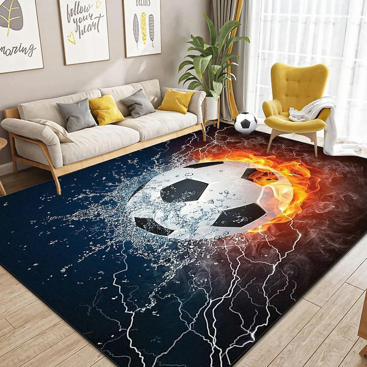 Tapis de Football Moquette Flamme Glace Motif Ballon Décoration Salon 80x120cm