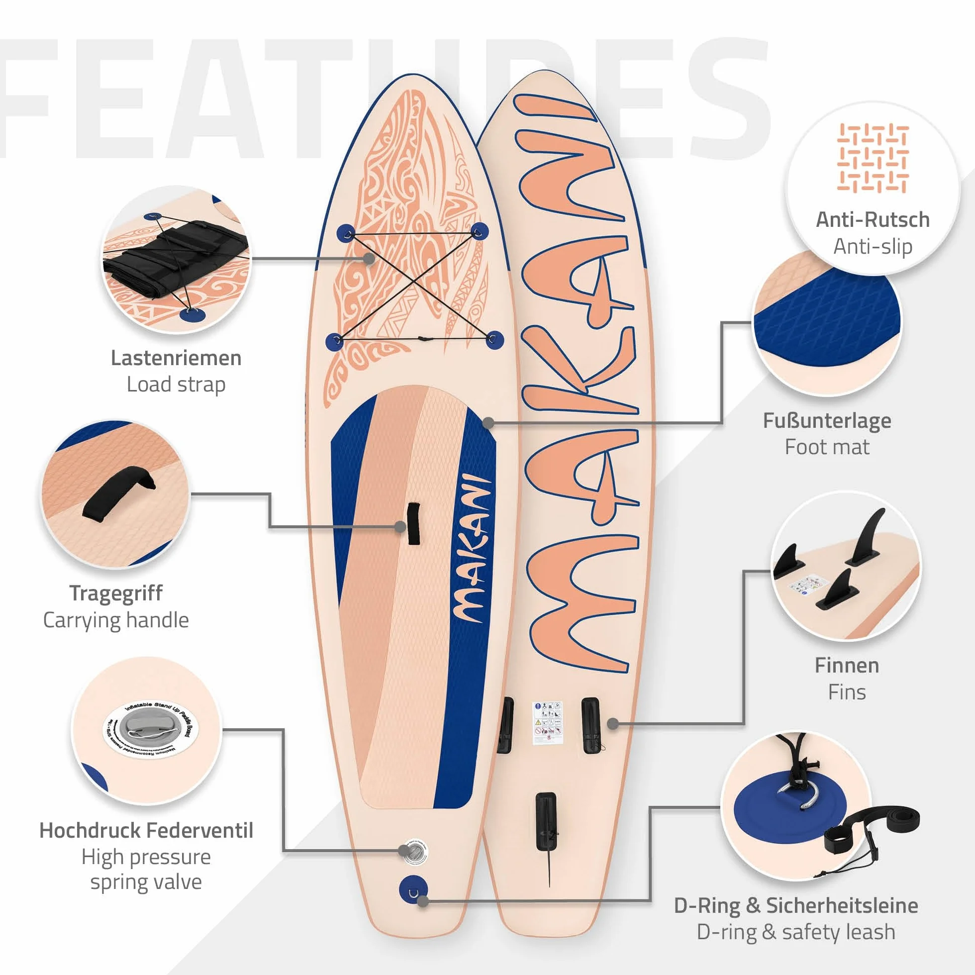 ECD Germany Stand Up Surf Paddle Board Gonflable 305/308/320/380 cm | PVC | jusqu'à 120/150 kg | Épaisseur 10/15 cm | Planche de Surf Pagaie Sac de Transport Pompe à Air | Diverses Couleurs Modèles