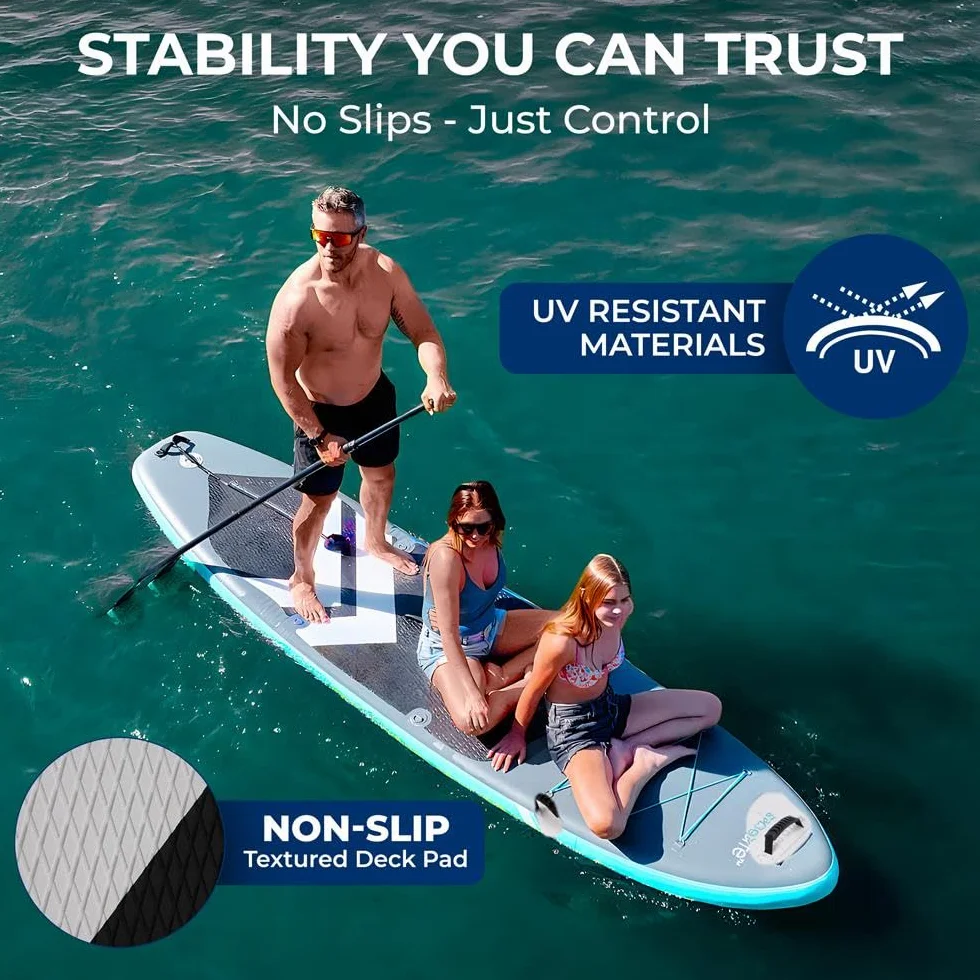 SereneLife Paddle Gonflable Adulte XL 350-370 cm – Stand Up Paddle Familial Stable pour 2 Adultes et 1 Enfant, Capacité 205 kg, Siège Inclus, Tapis EVA Antidérapant et Kit Complet