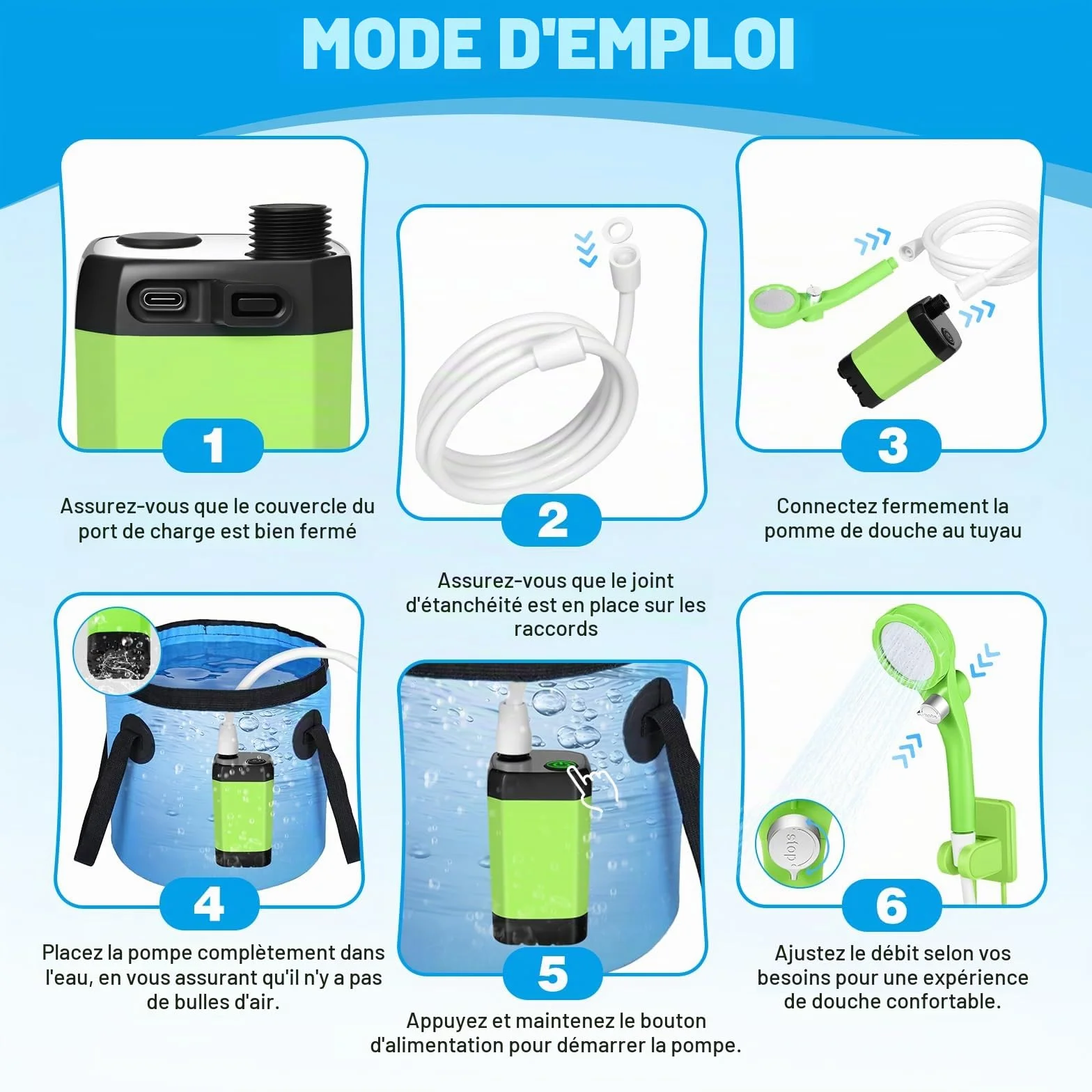Camping Douche Portable, Kit Douche de Camping, Pompe de Douche Rechargeable de 6000 mAh avec écran Intelligent de la Température et Puissance, pour Camping, Randonnée, Nettoyage de la Voiture