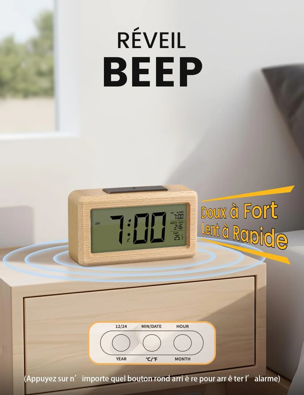 aboveClock Réveil Numérique en Bois avec LCD, Date, Température, Snooze, Alimenté par Piles AAA